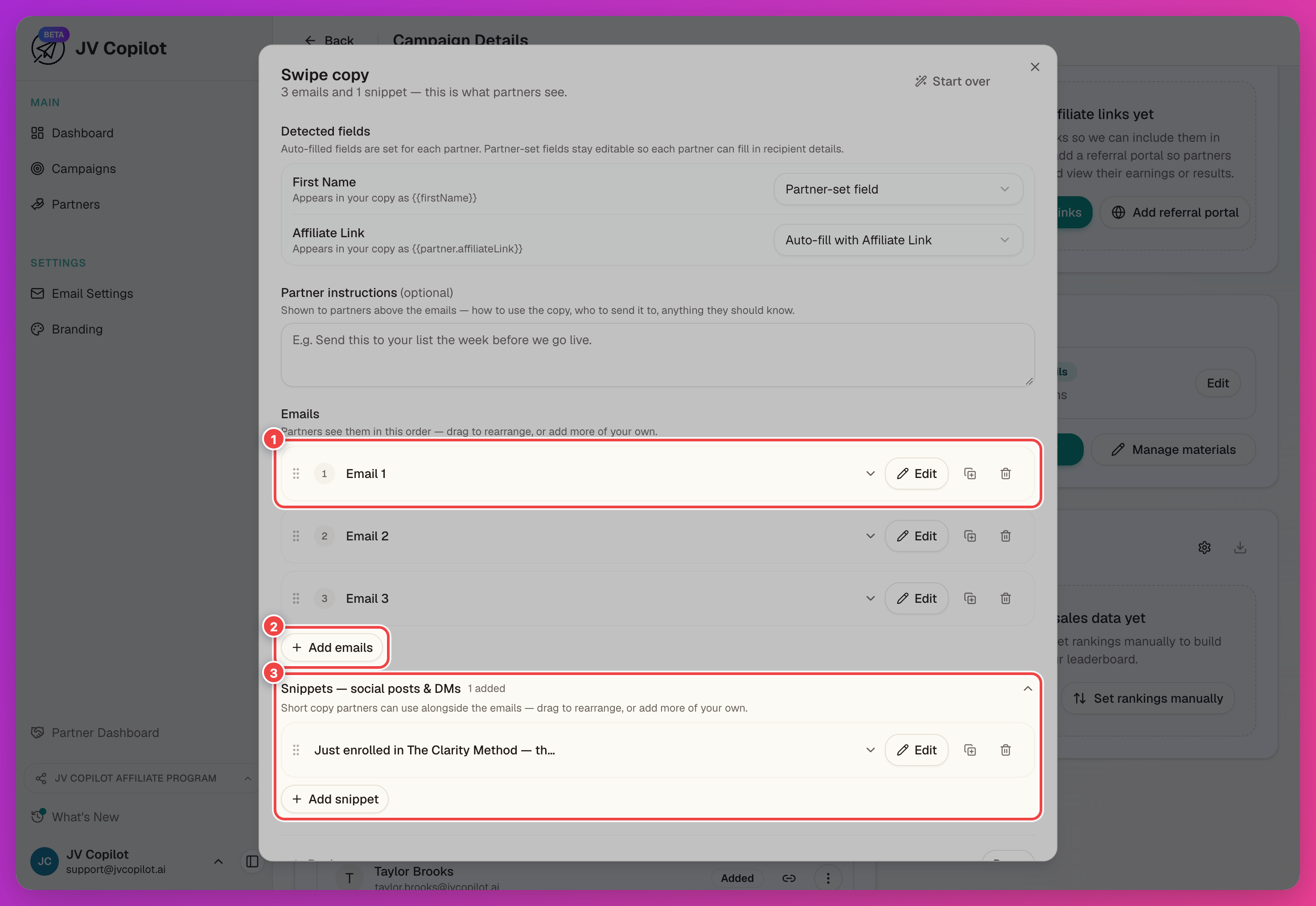 Swipe copy manage view with the Add emails button, a row's drag handle and Duplicate/Remove actions, and the Snippets section highlighted