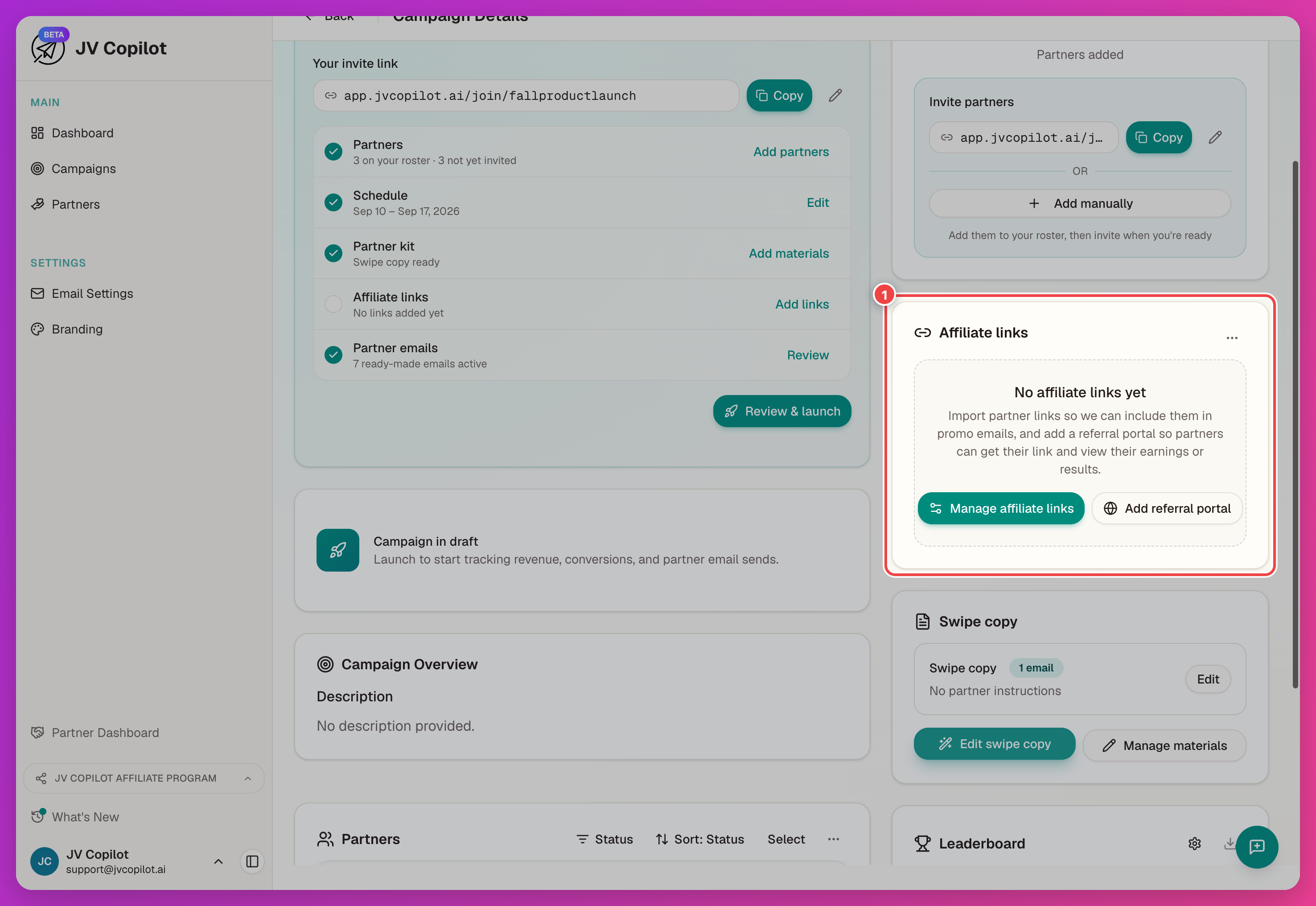 Campaign page Affiliate links card with the Manage affiliate links and Add referral portal buttons highlighted