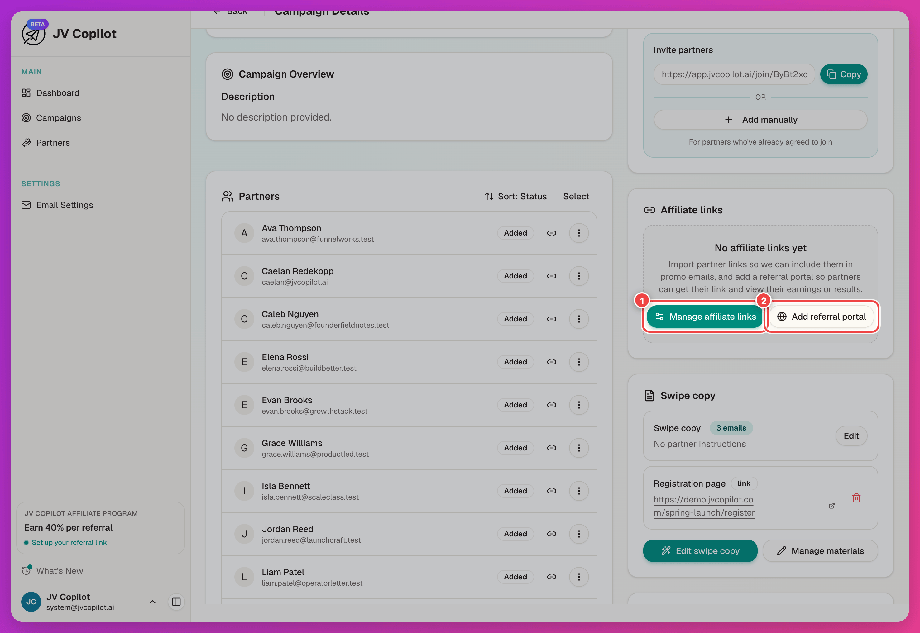 Campaign page Affiliate links card with the Manage affiliate links and Add referral portal buttons highlighted
