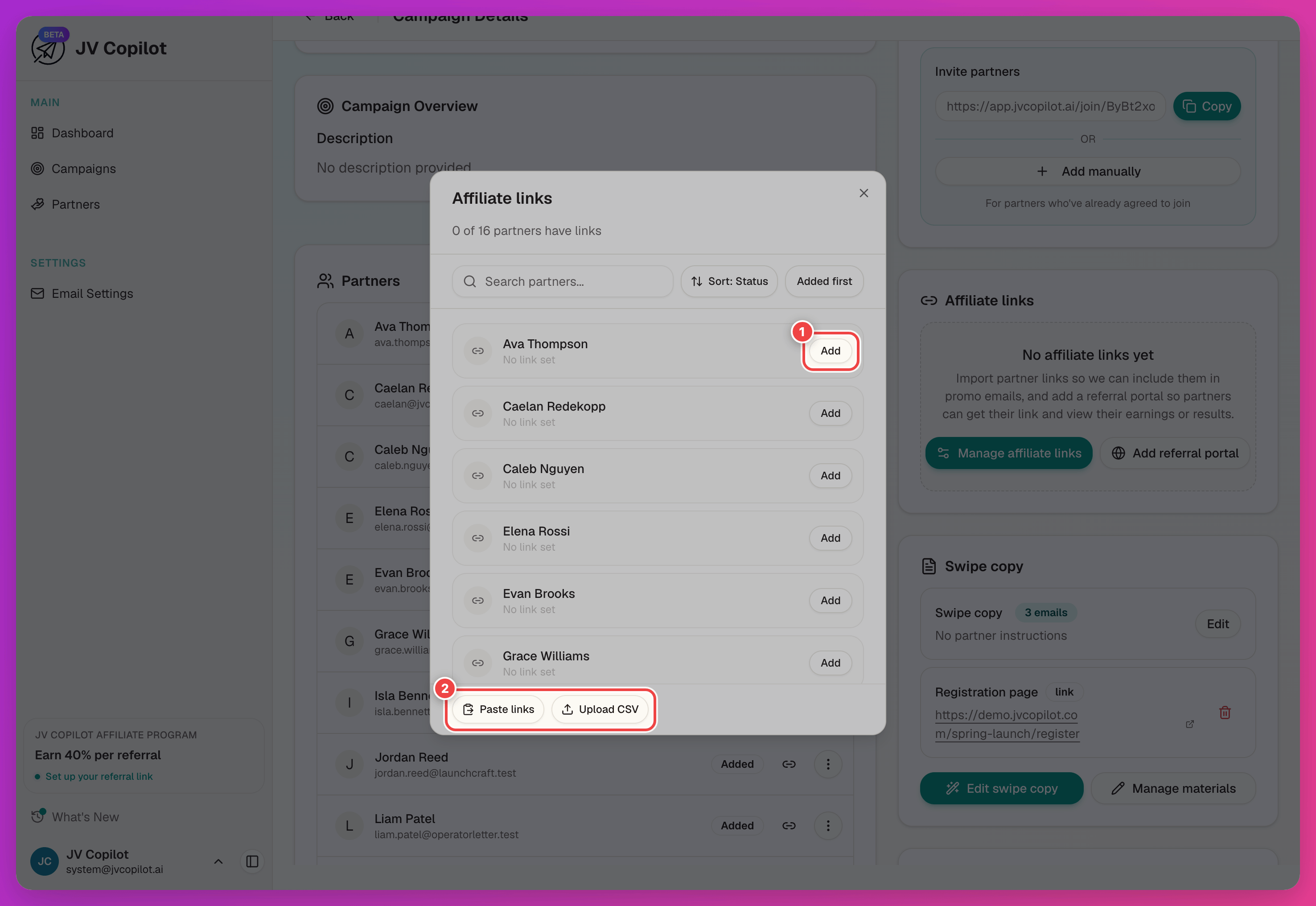 Manage affiliate links dialog with the per-partner Add button and the Paste links and Upload CSV actions highlighted