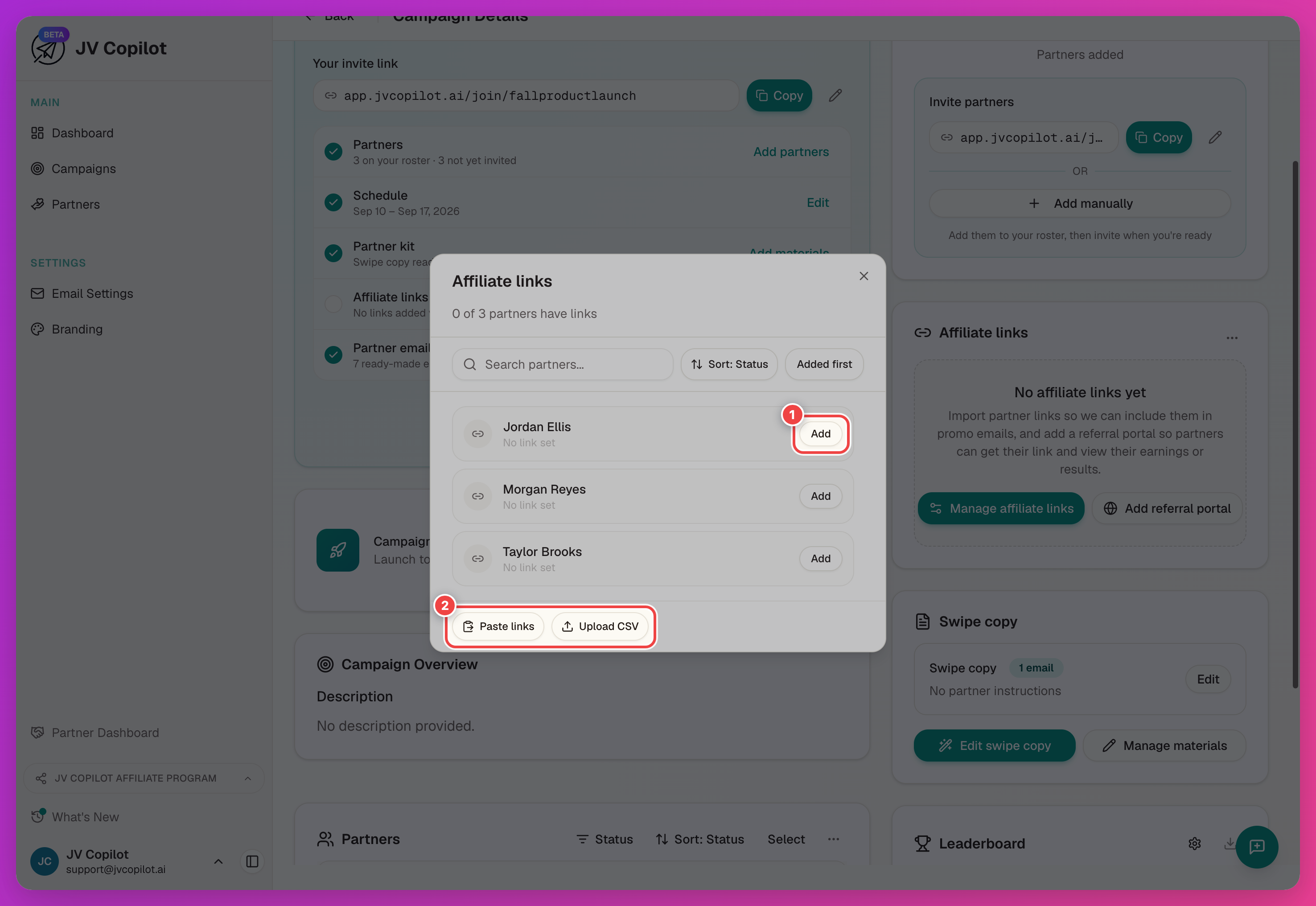 Manage affiliate links dialog with the per-partner Add button and the Paste links and Upload CSV actions highlighted