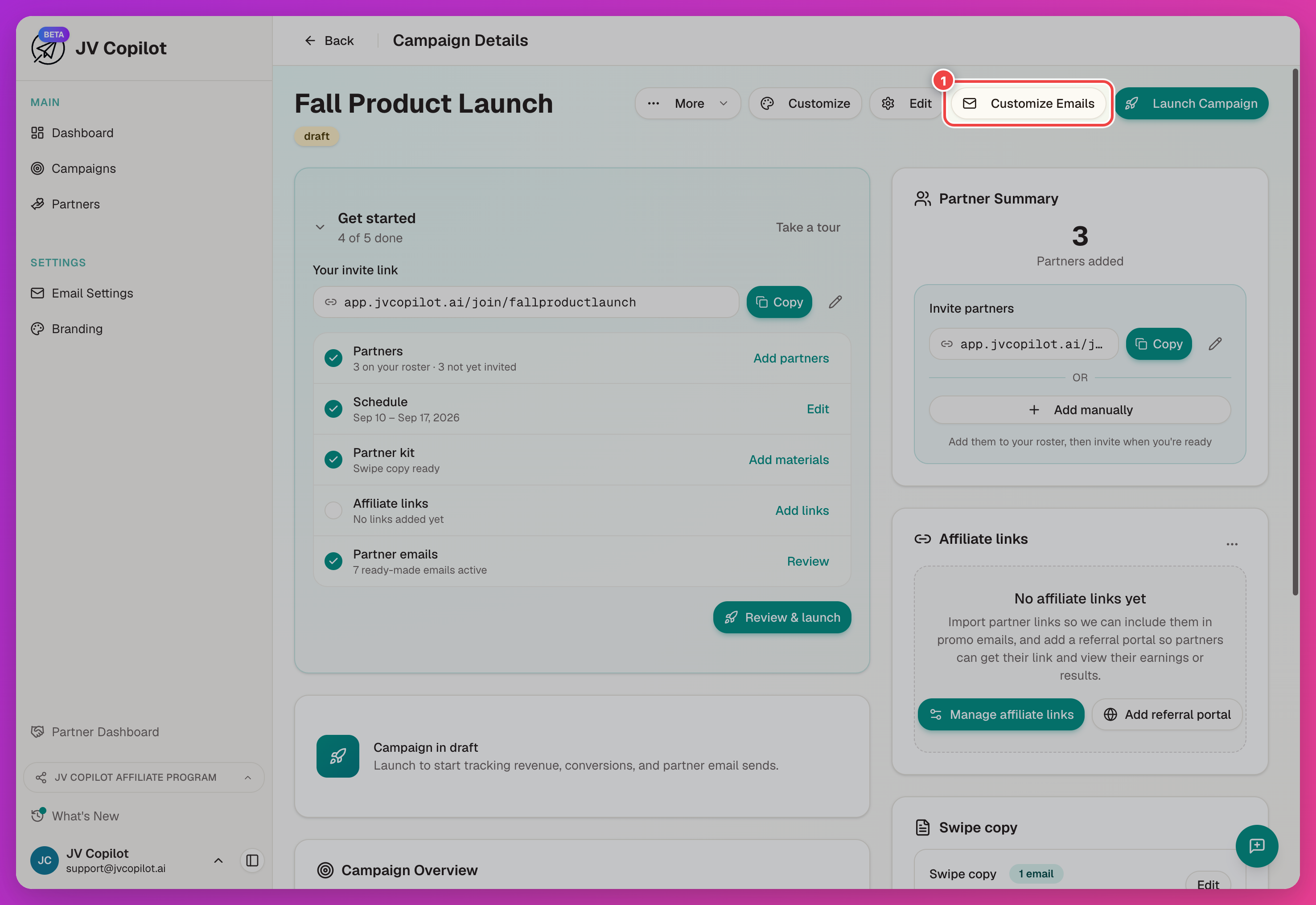 Campaign page with the Customize Emails button highlighted