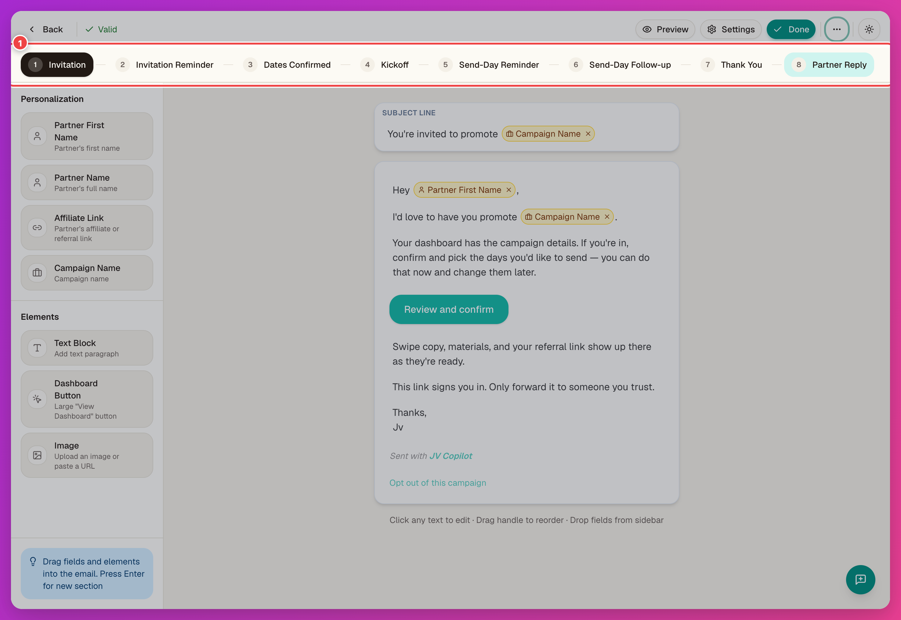 Campaign email editor with the email step list highlighted