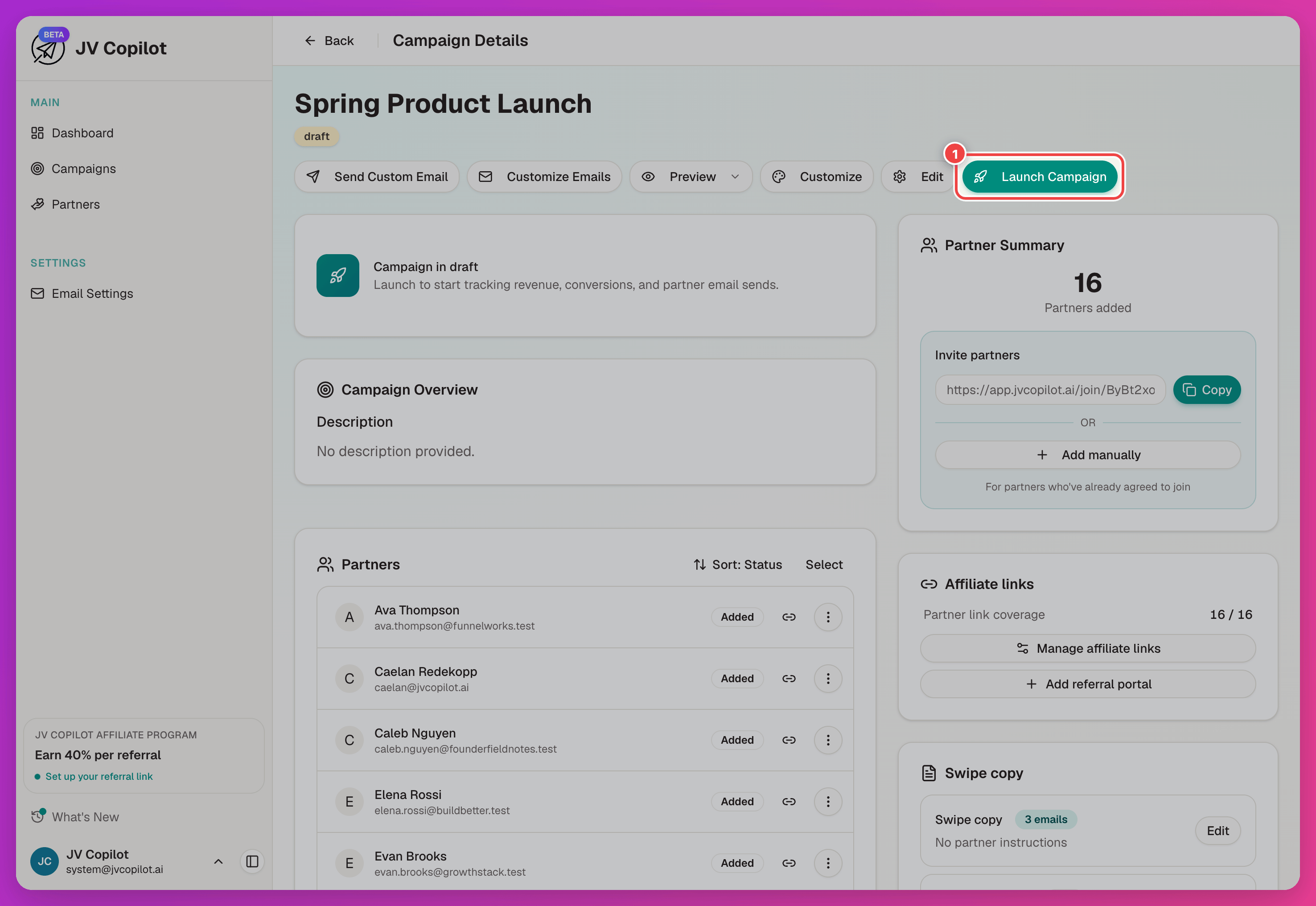 Campaign page header with the Launch Campaign button highlighted