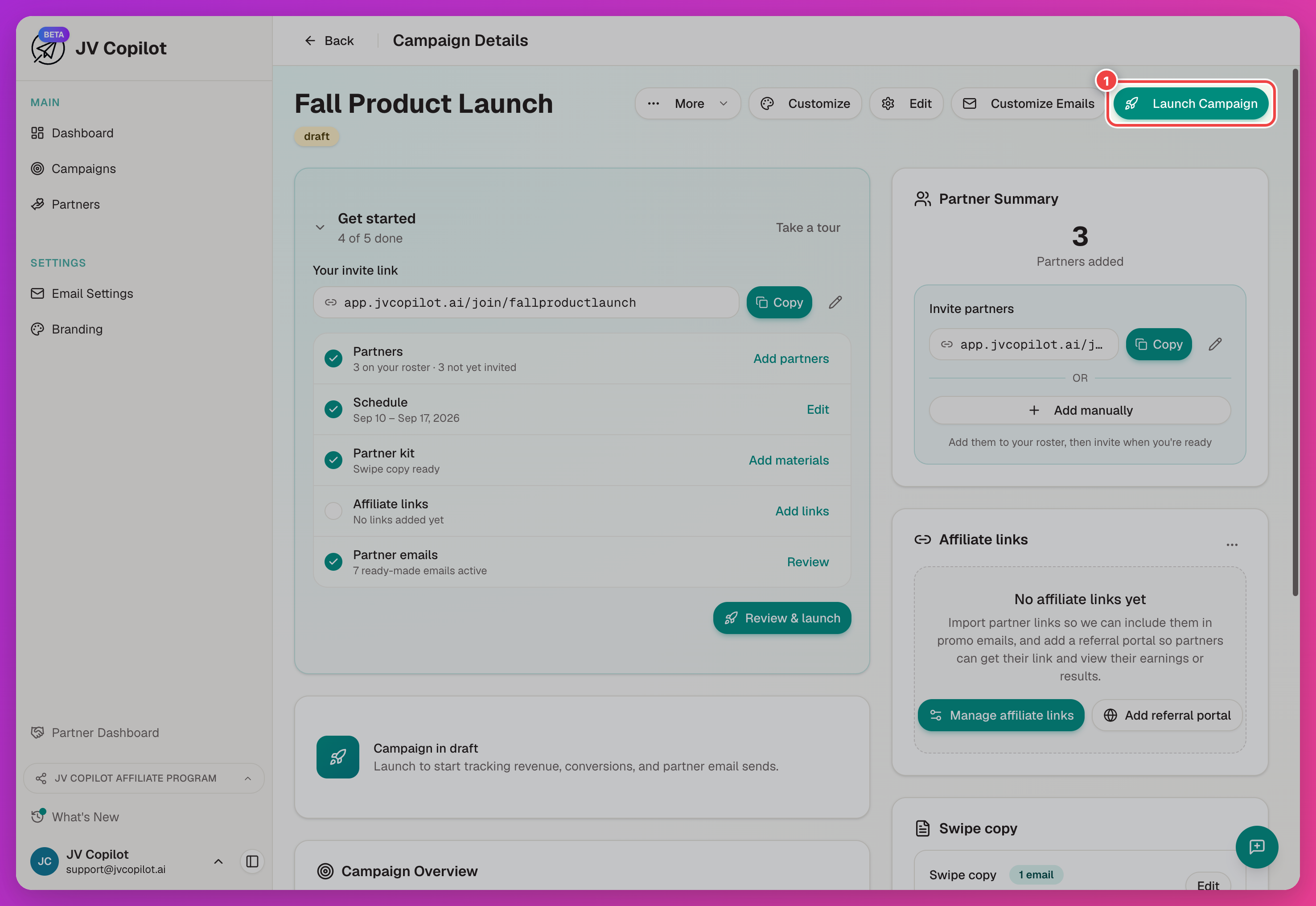 Campaign page header with the Launch Campaign button highlighted