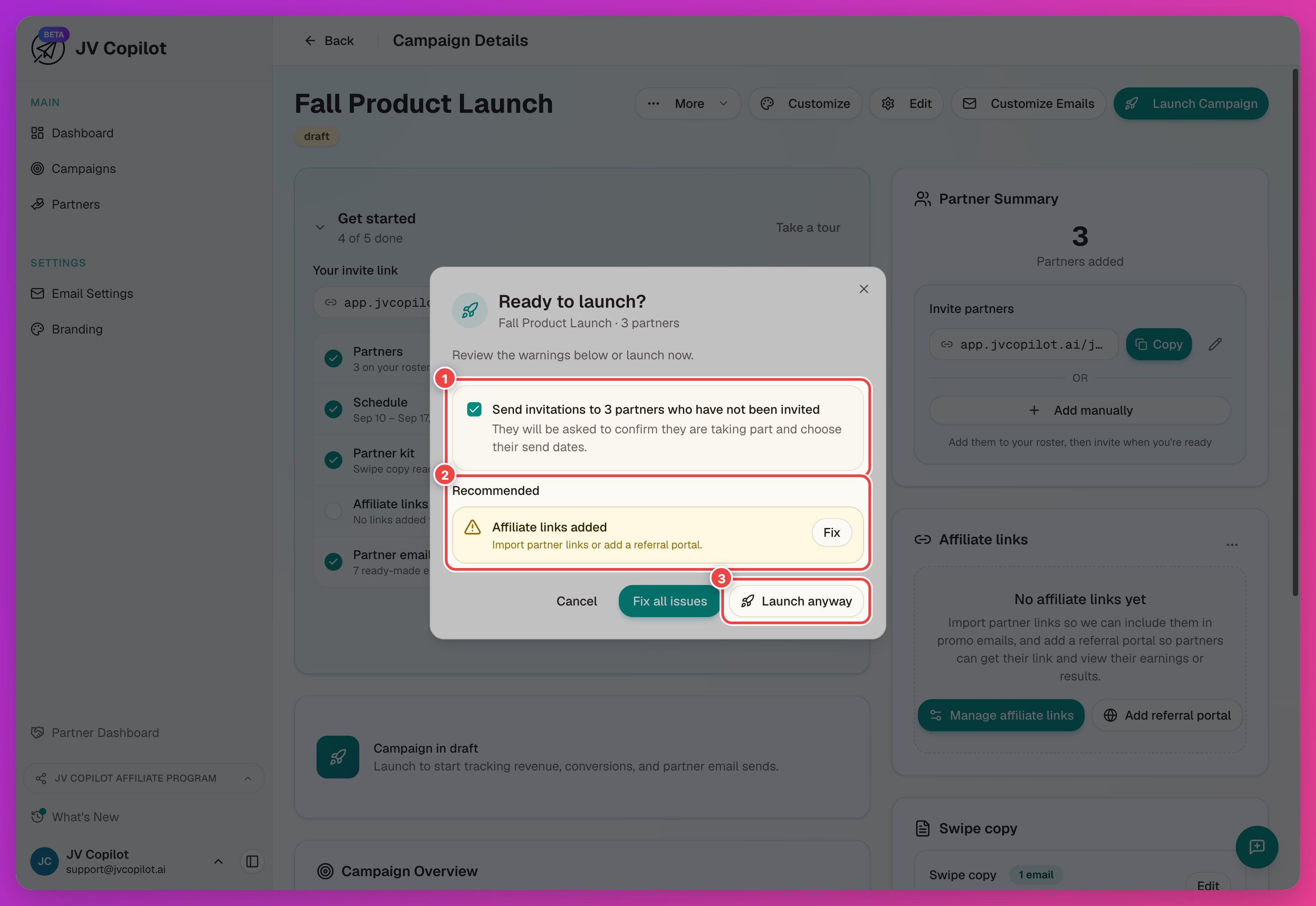 Launch review checklist with the required and recommended items and the Launch button highlighted