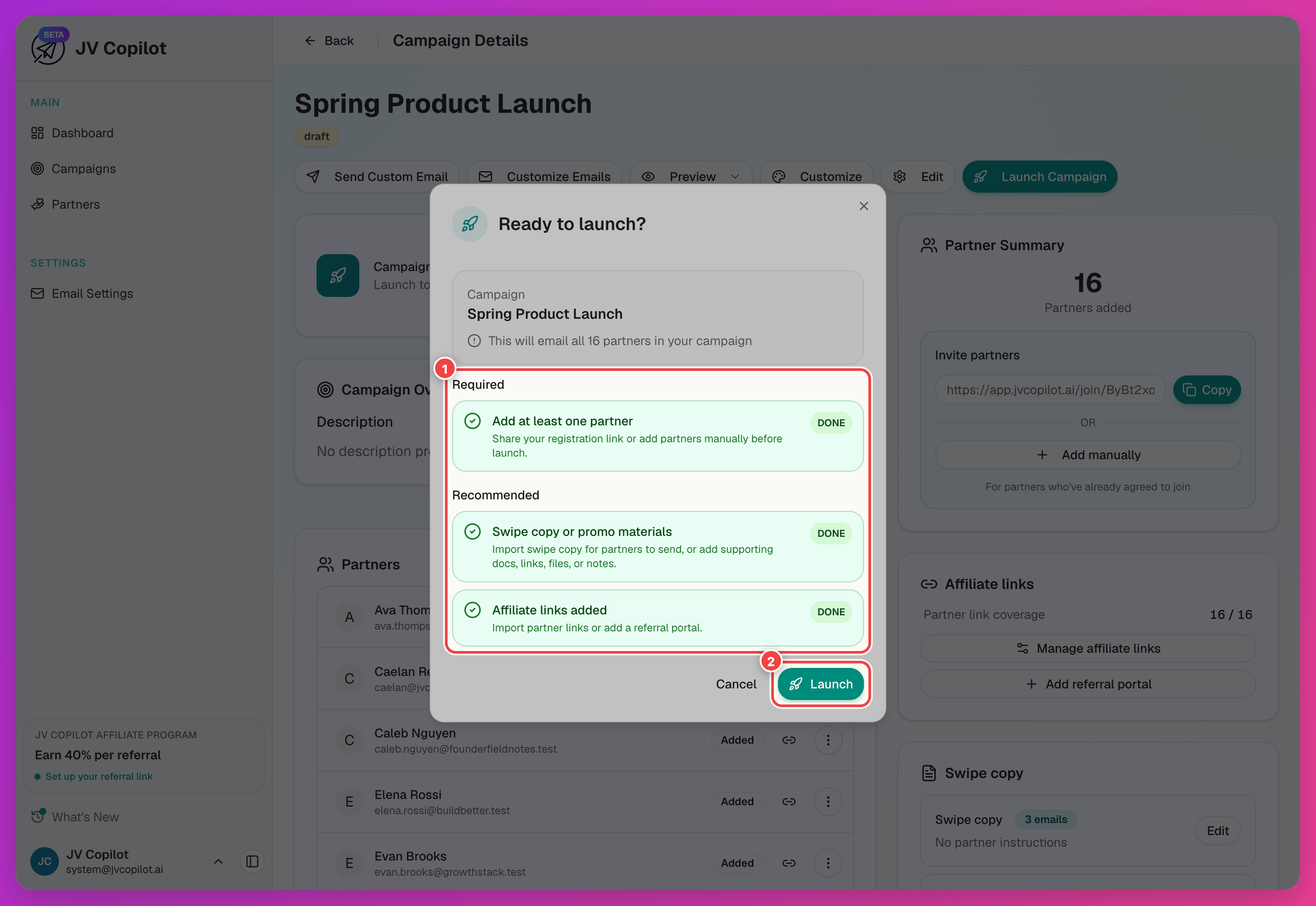 Launch review checklist showing required and recommended items