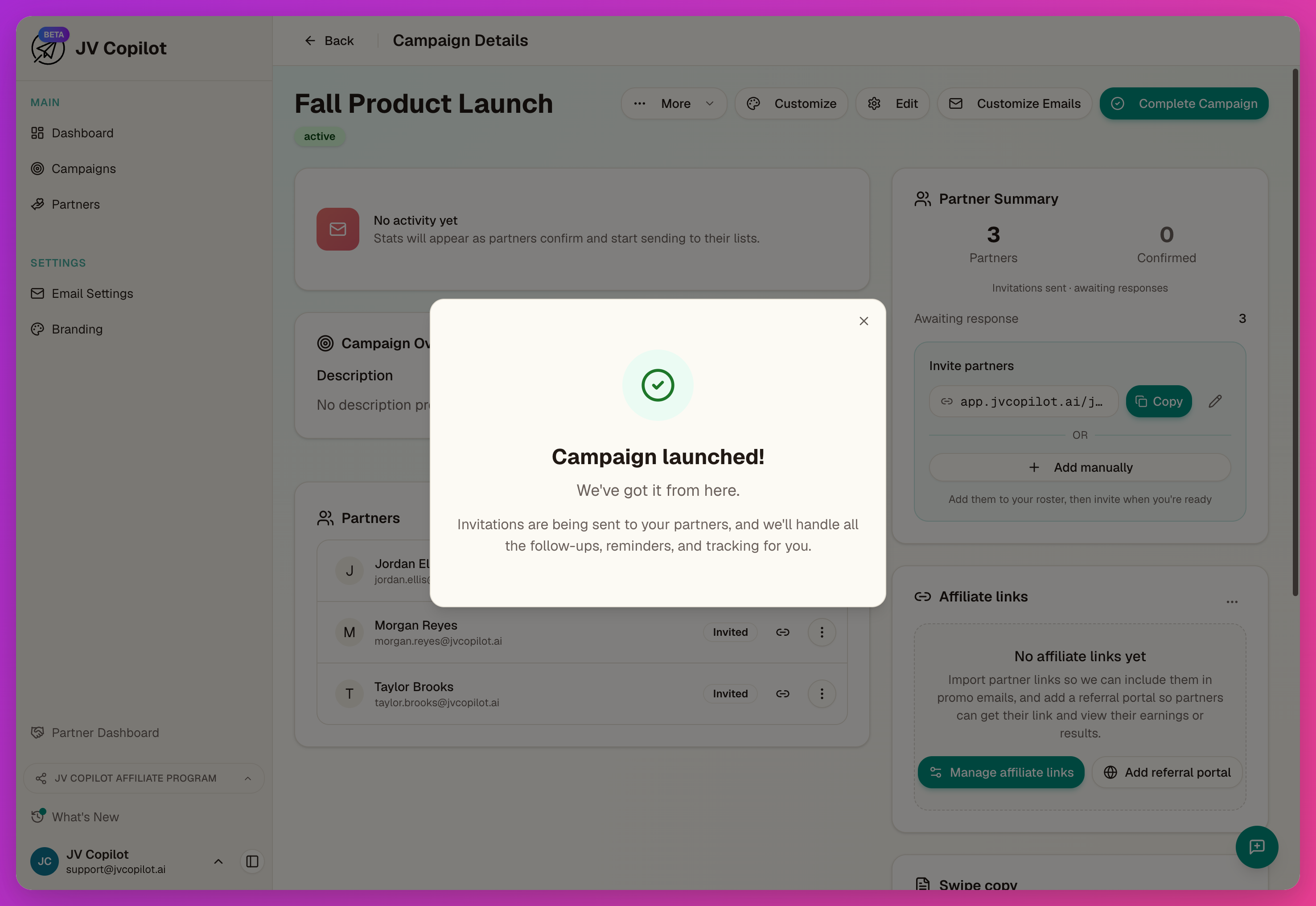 Campaign launched confirmation dialog
