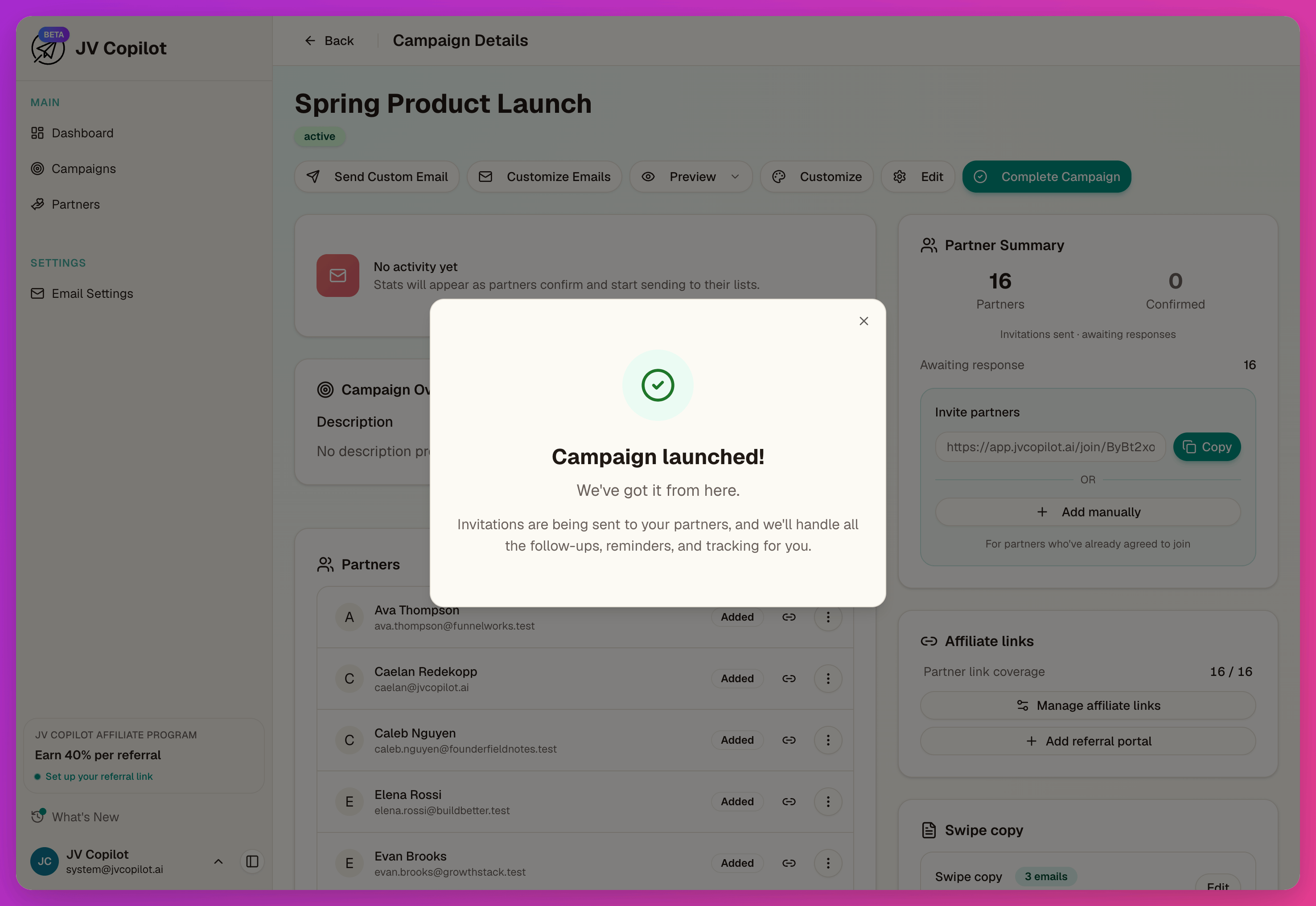 Campaign launched confirmation dialog
