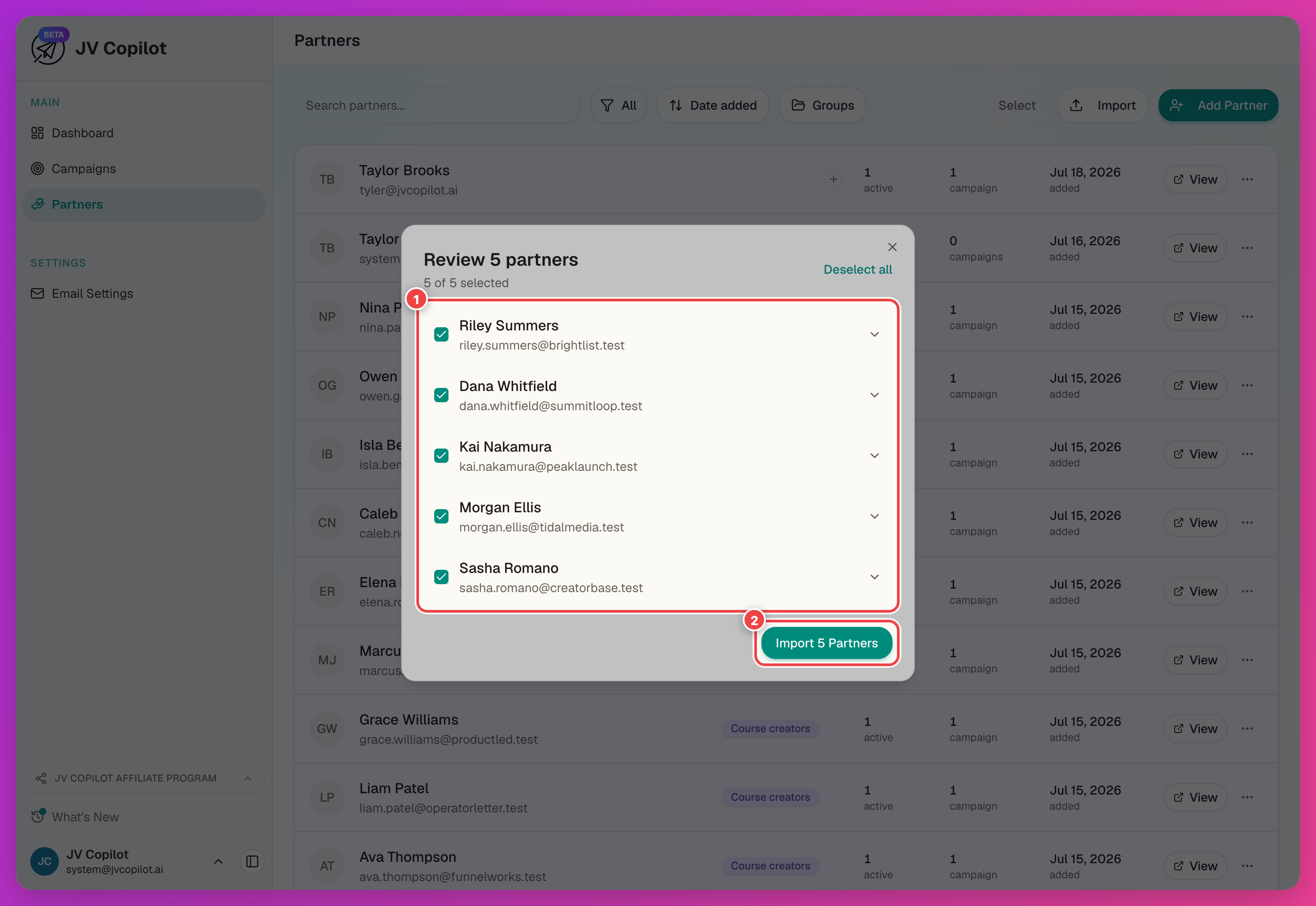 CSV import review step with the detected partners list and the Import Partners button highlighted