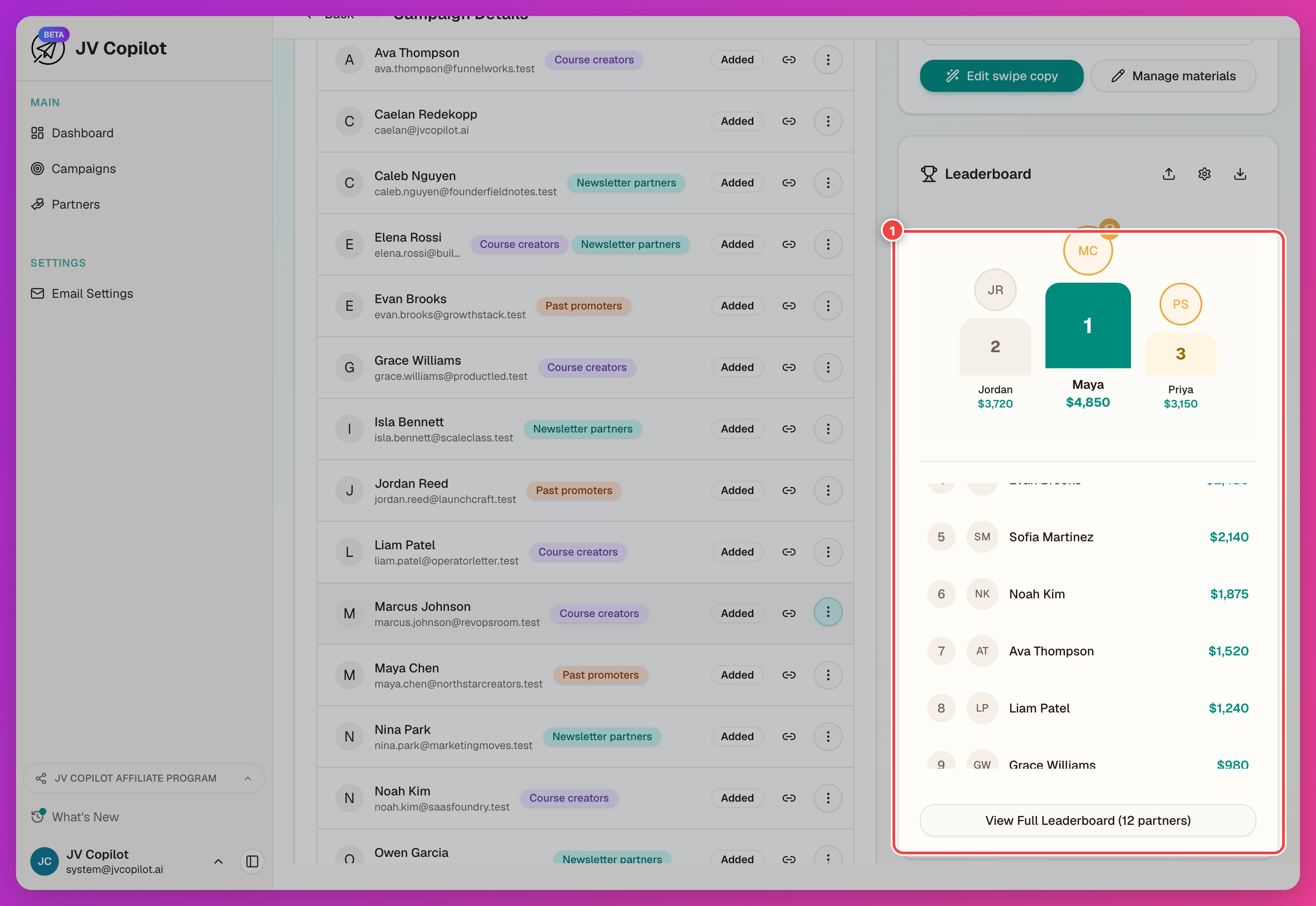 Leaderboard card showing partners ranked by revenue