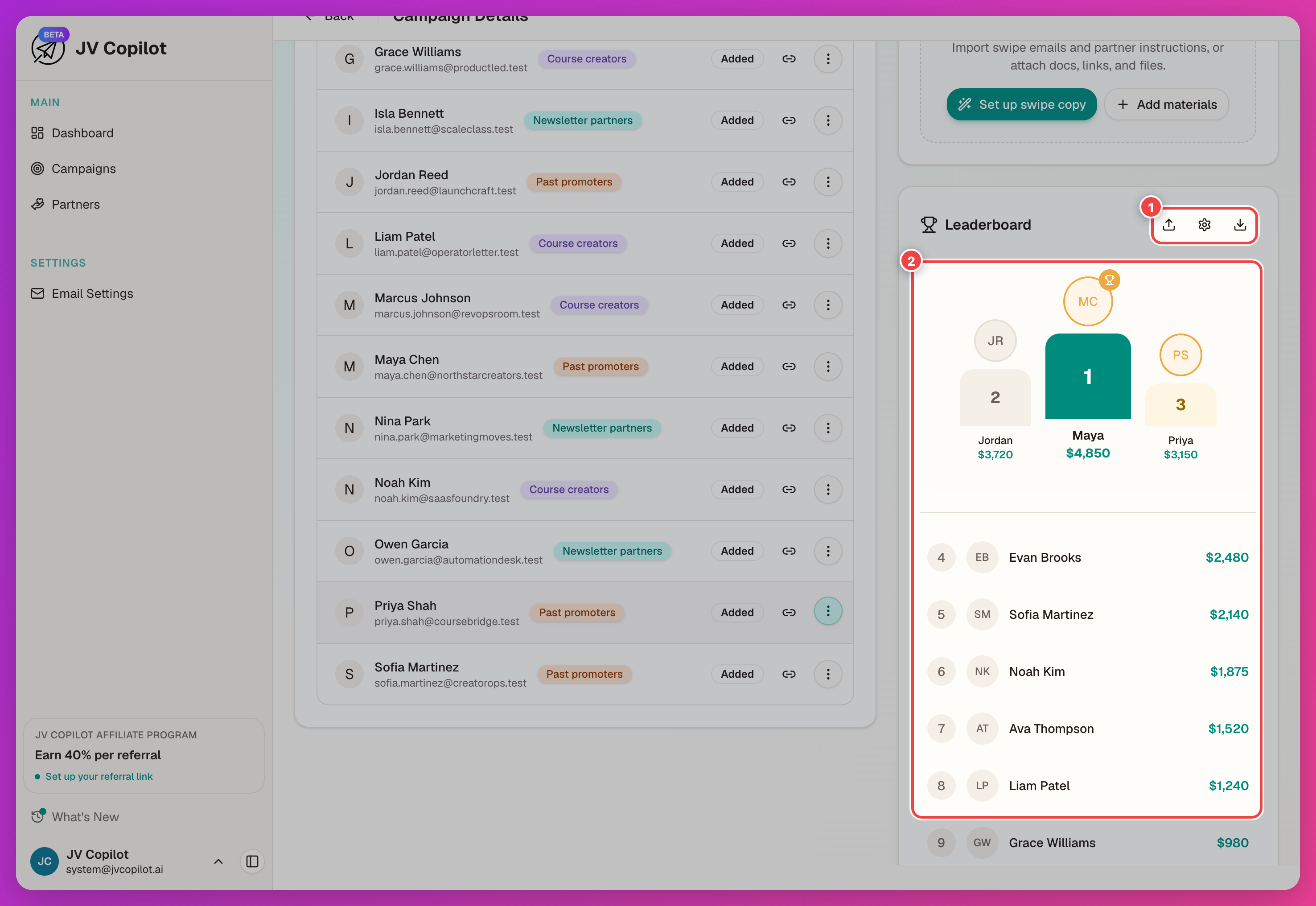 Leaderboard card with the header action icons and the ranked list highlighted