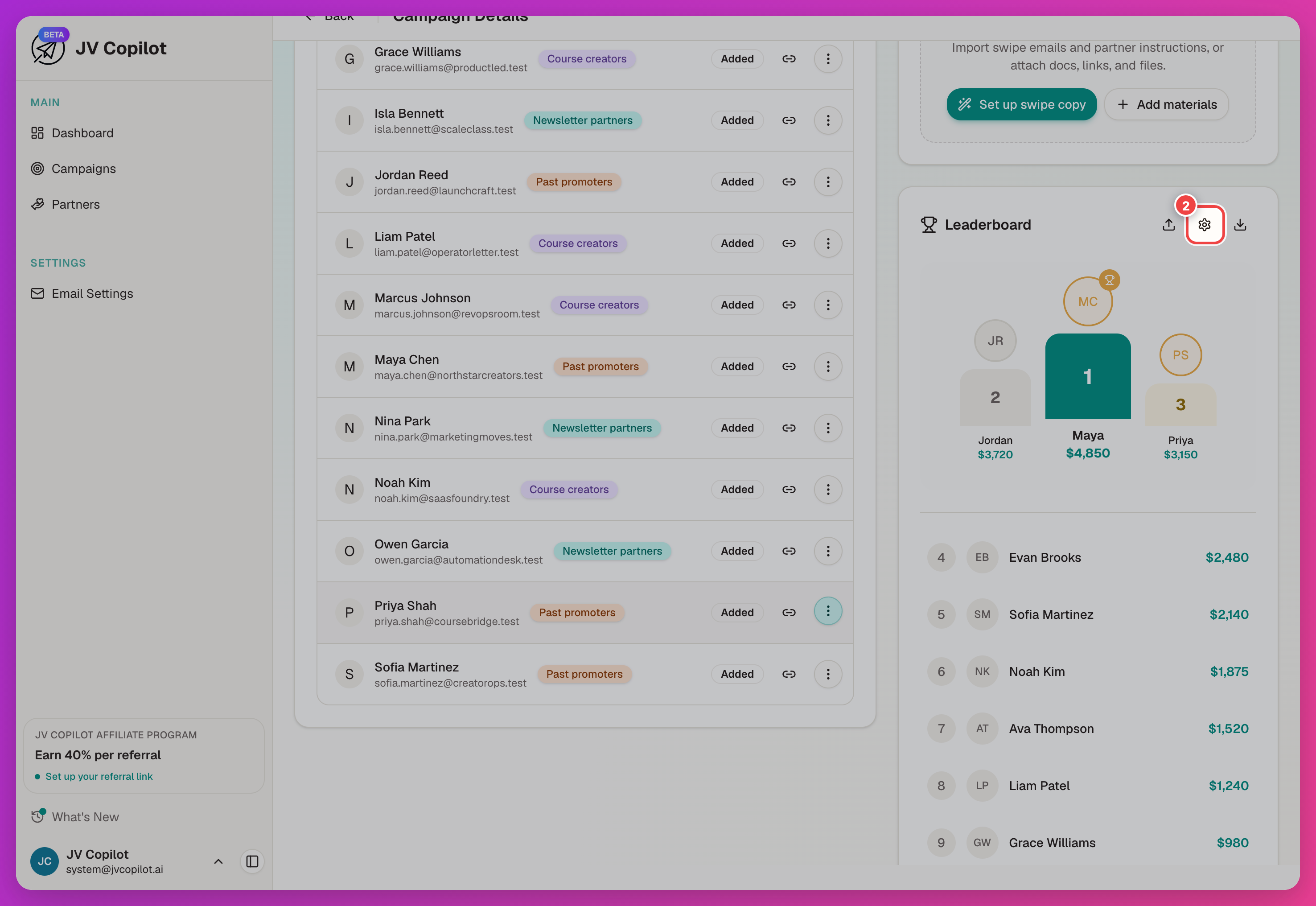 Leaderboard card header with the settings gear icon highlighted