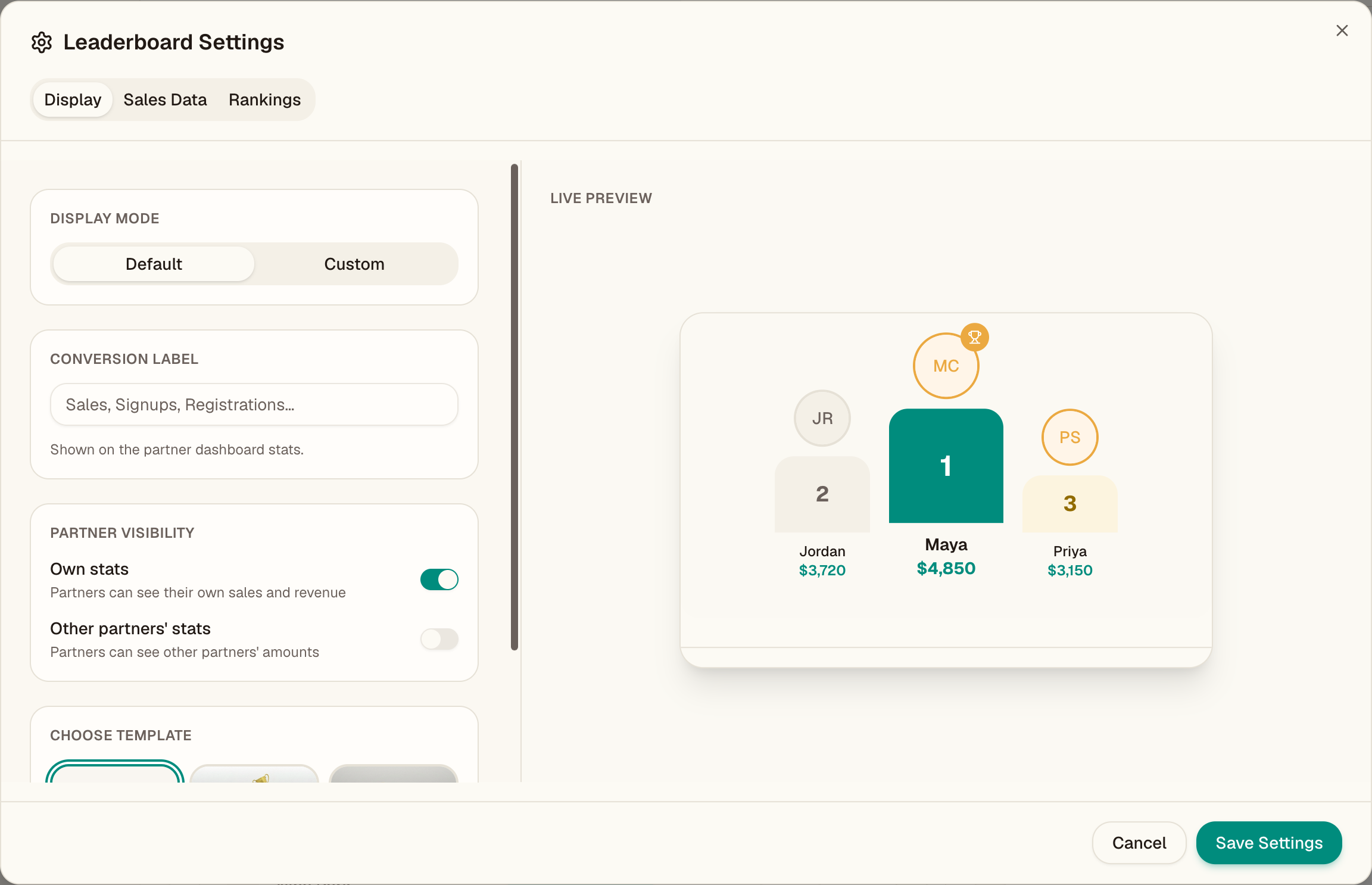 Leaderboard settings modal with template choices and the live preview panel