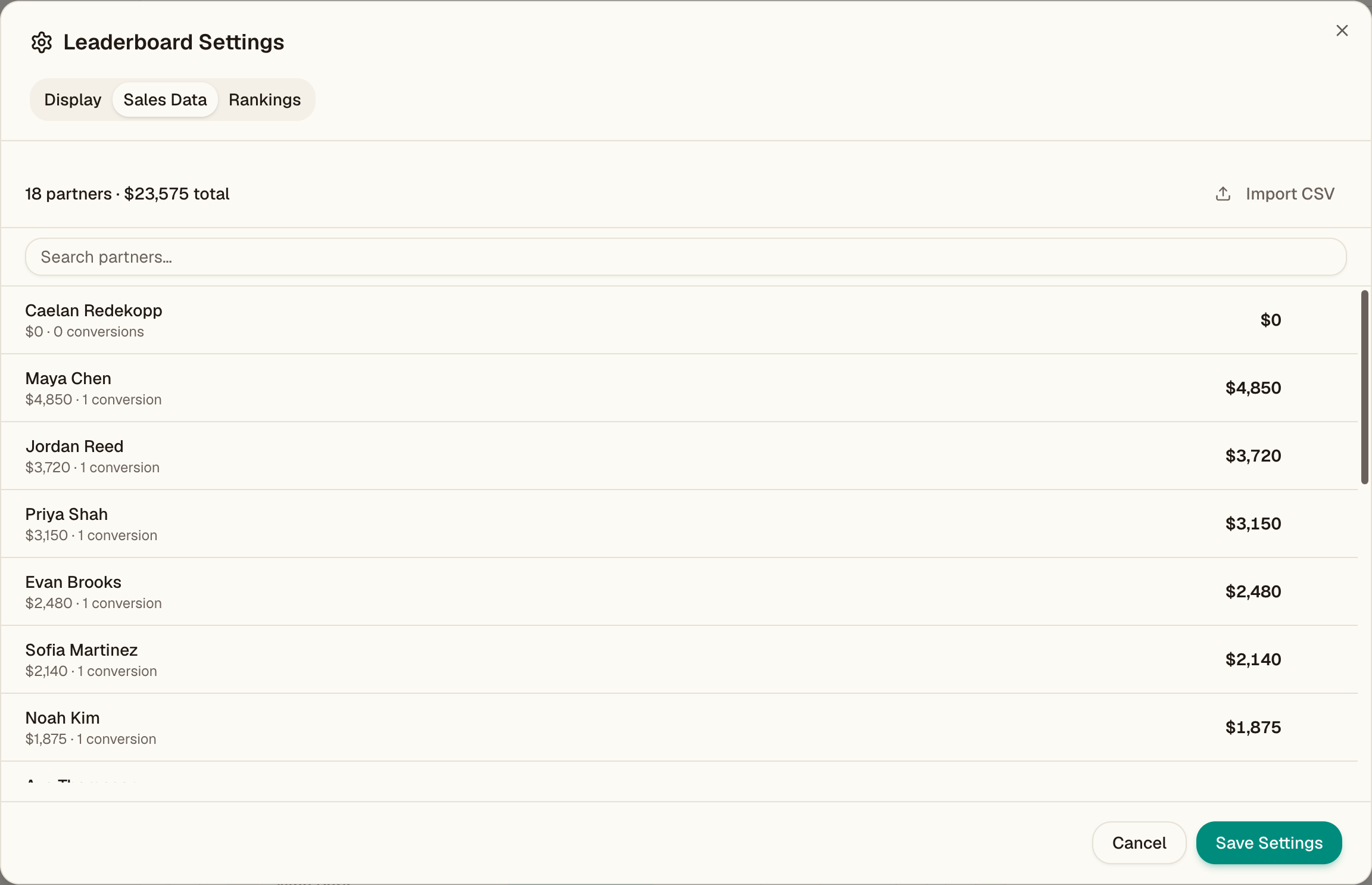 Leaderboard settings Sales Data tab with partner list and Import CSV button