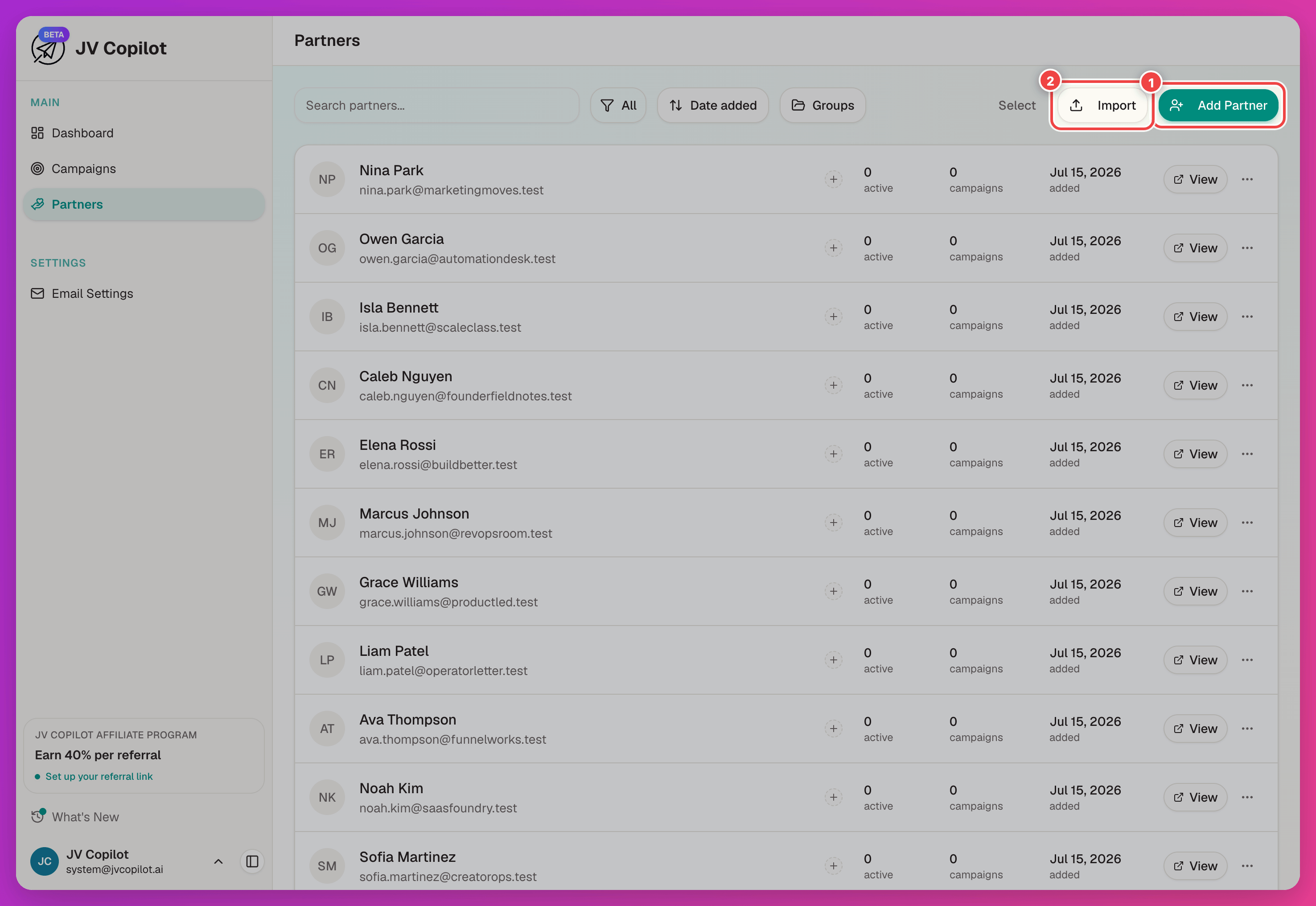 Partners page with the Add Partner and Import buttons highlighted