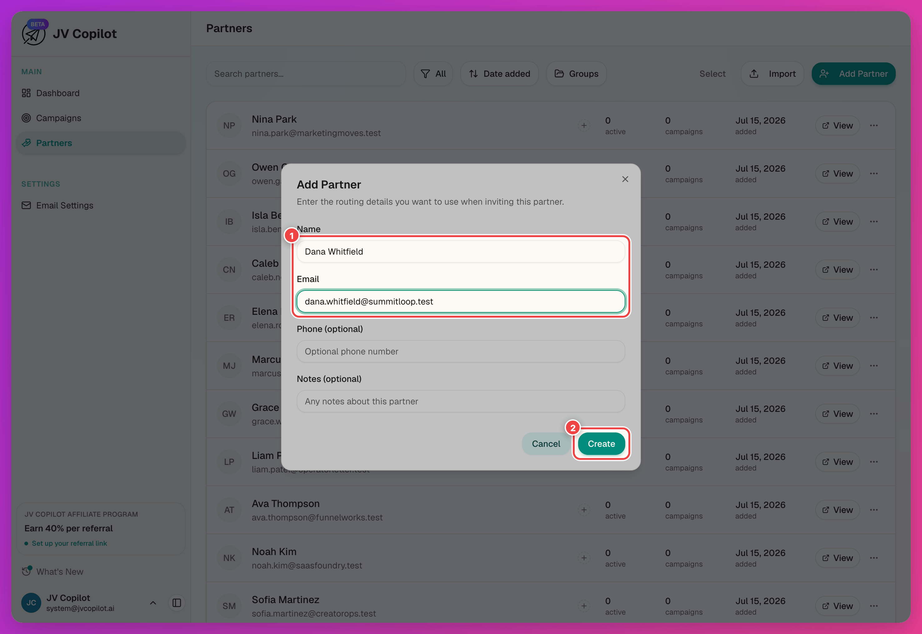 Add Partner form with the name and email filled in and the Create button highlighted