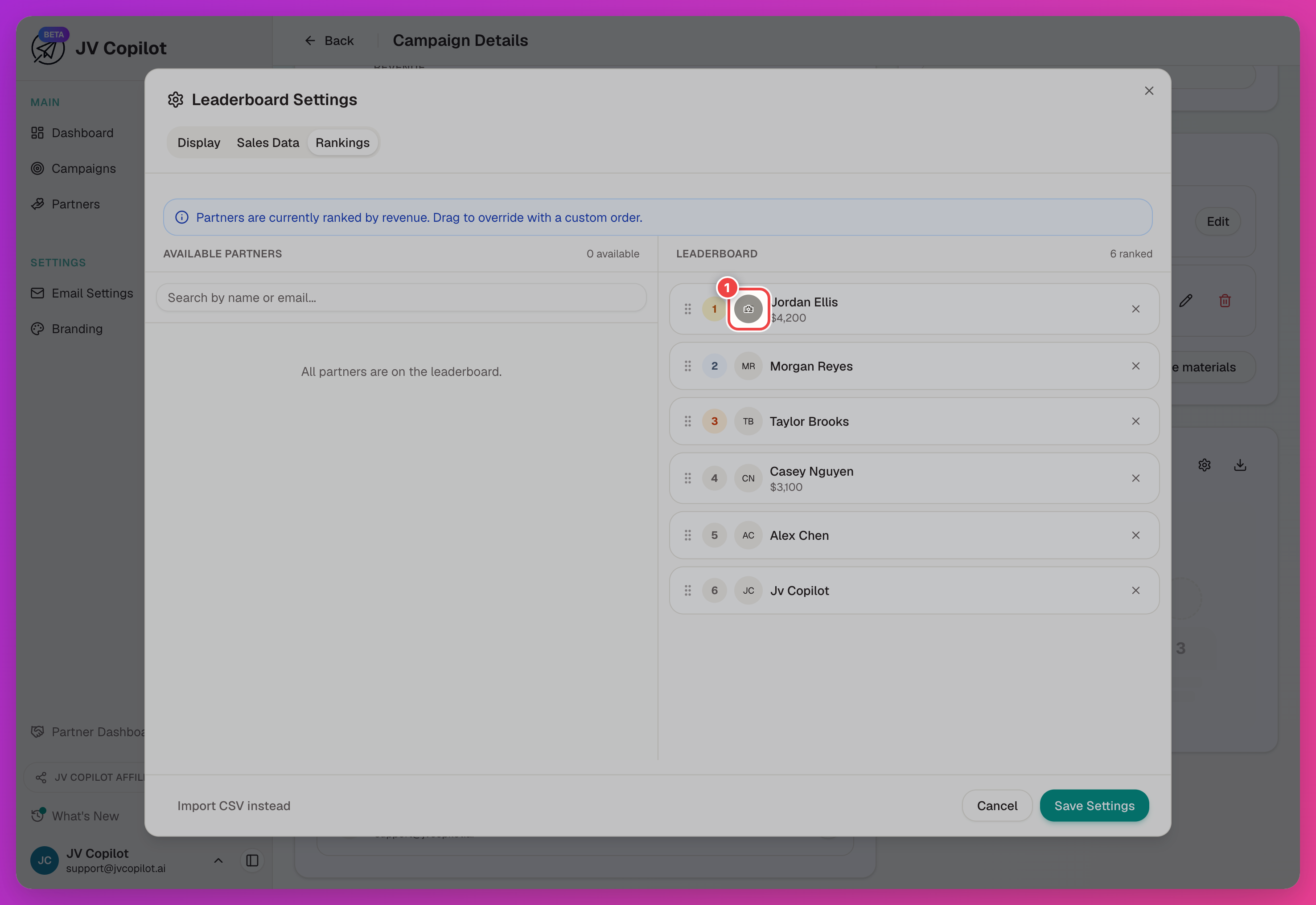Hovering a partner avatar in leaderboard settings shows the camera icon menu with Set photo and Remove photo options