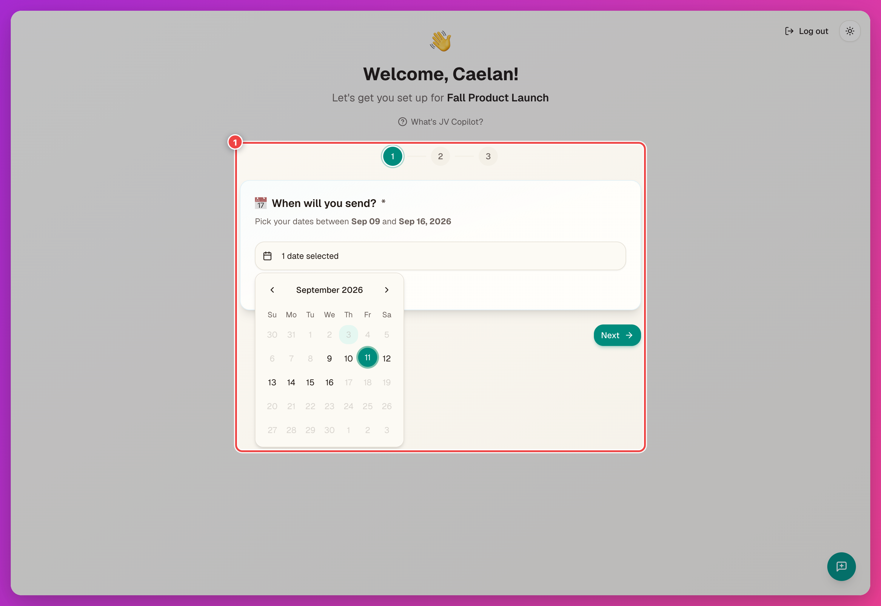 Partner confirmation form with the send-date calendar open