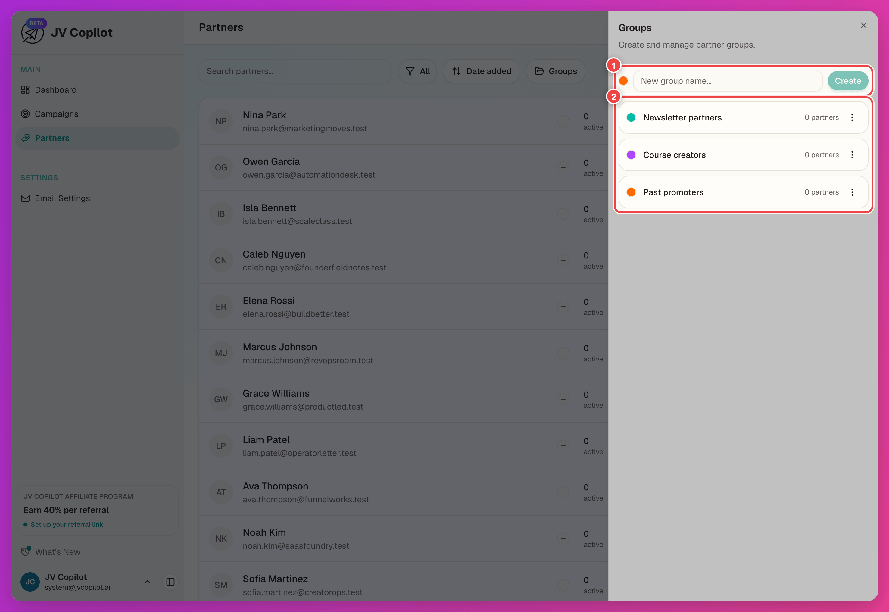 Groups sheet with the new-group row and the created groups list highlighted