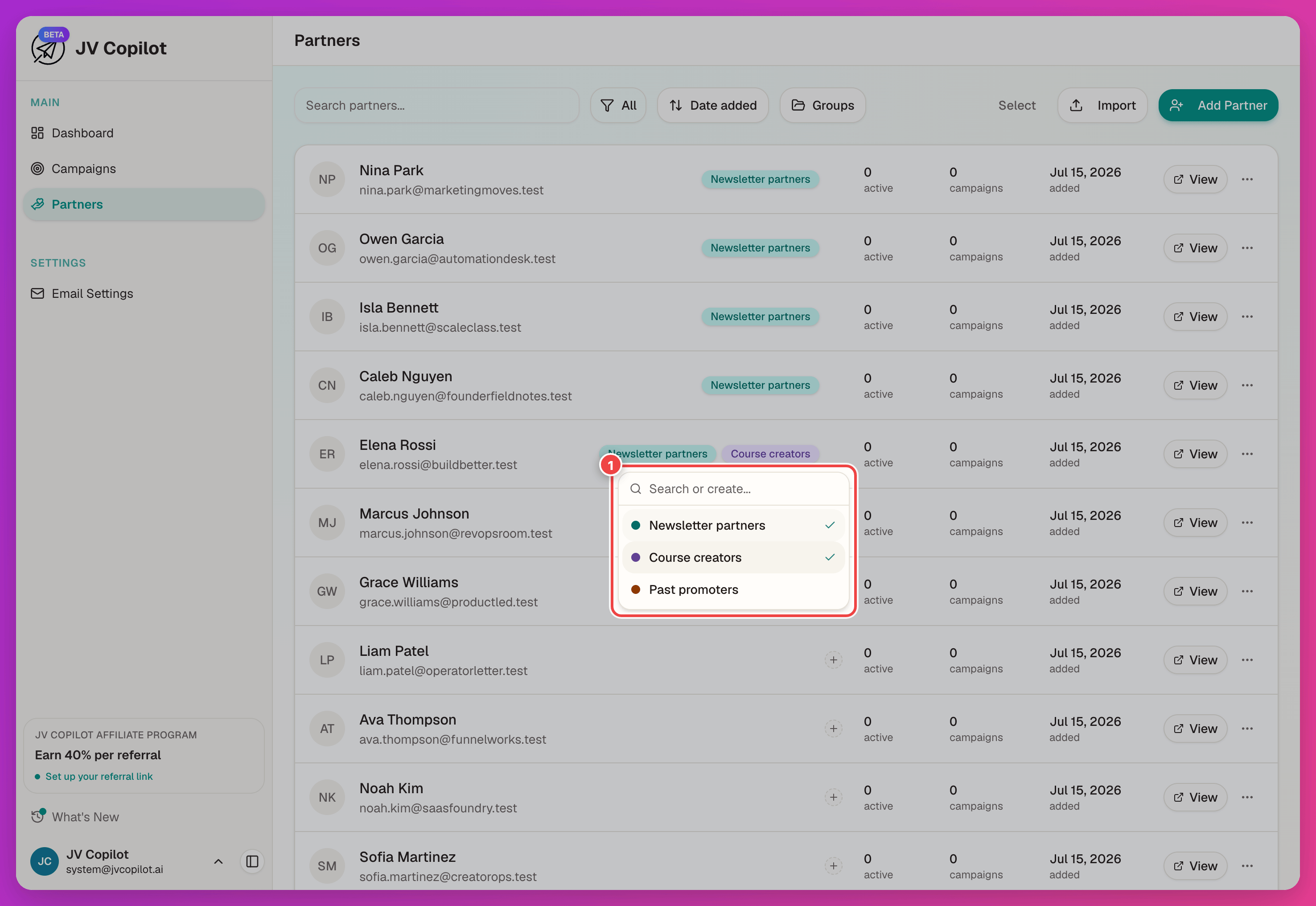 Group picker open on a partner row
