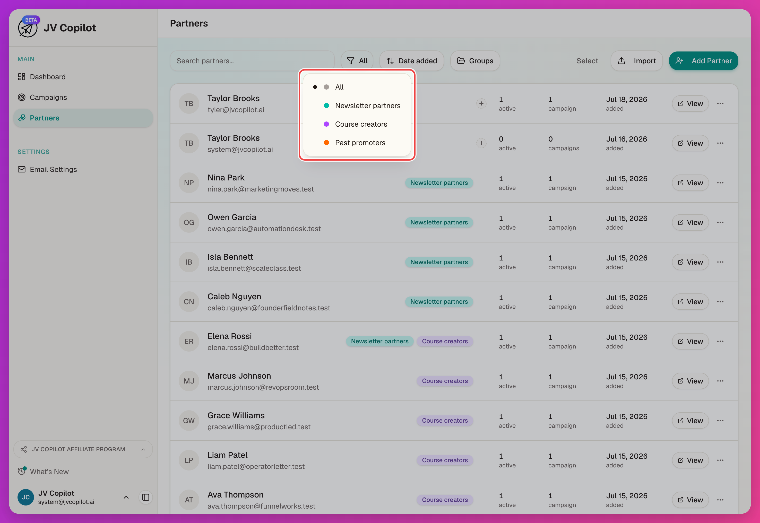 Partners toolbar with the group filter dropdown open
