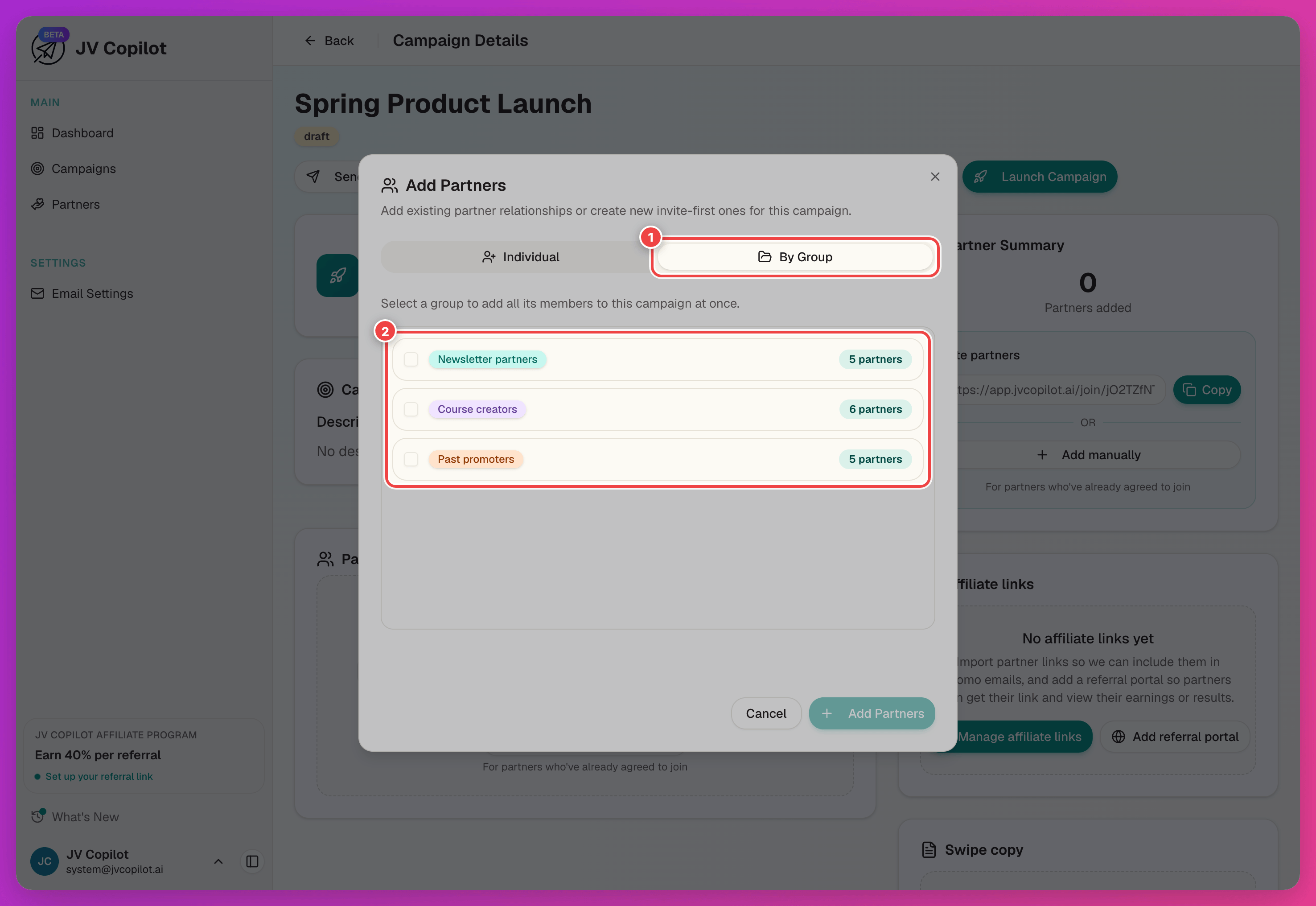 Add Partners modal on the By Group tab