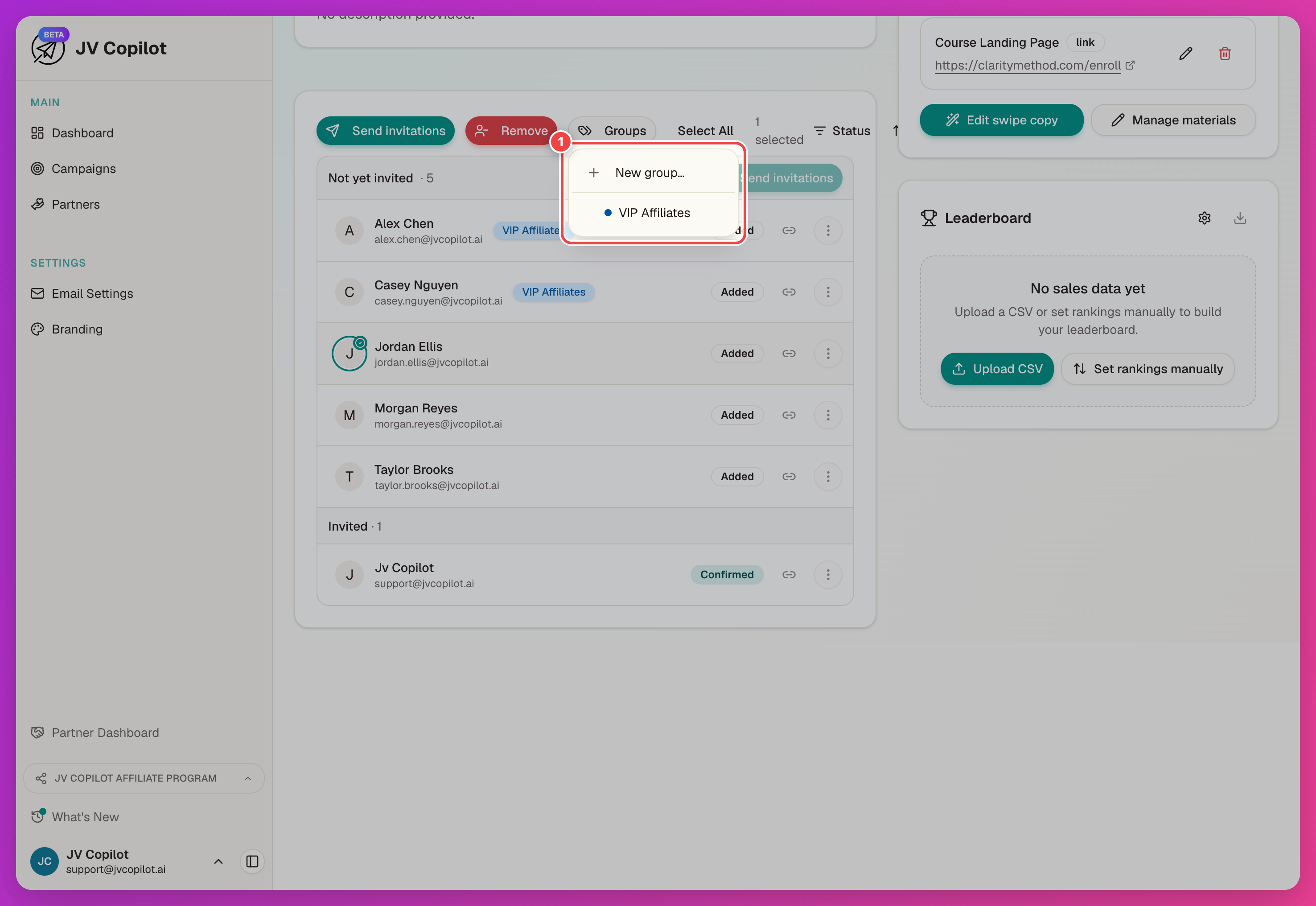 Campaign partner list in selection mode with the Groups dropdown open, showing group checkboxes and the New group option