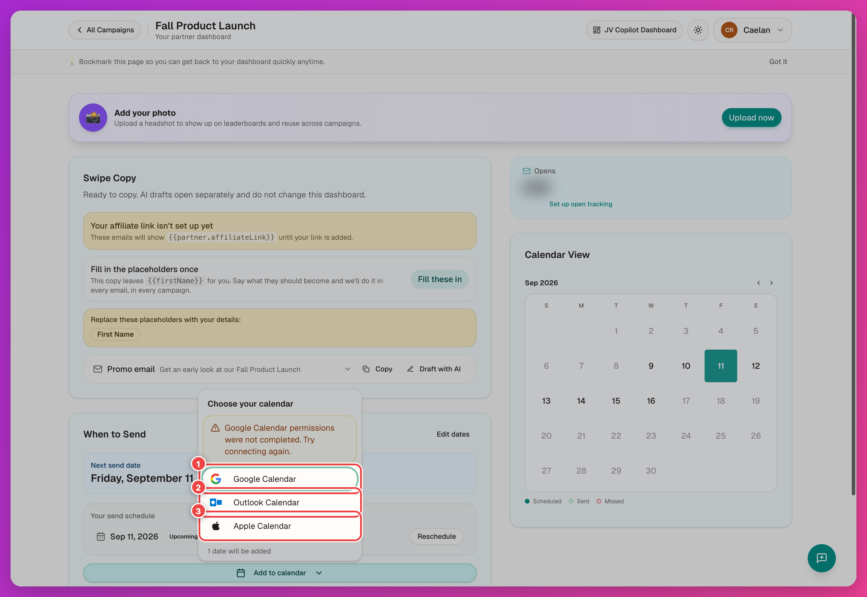 Add to calendar chooser with Google, Outlook, and Apple Calendar highlighted