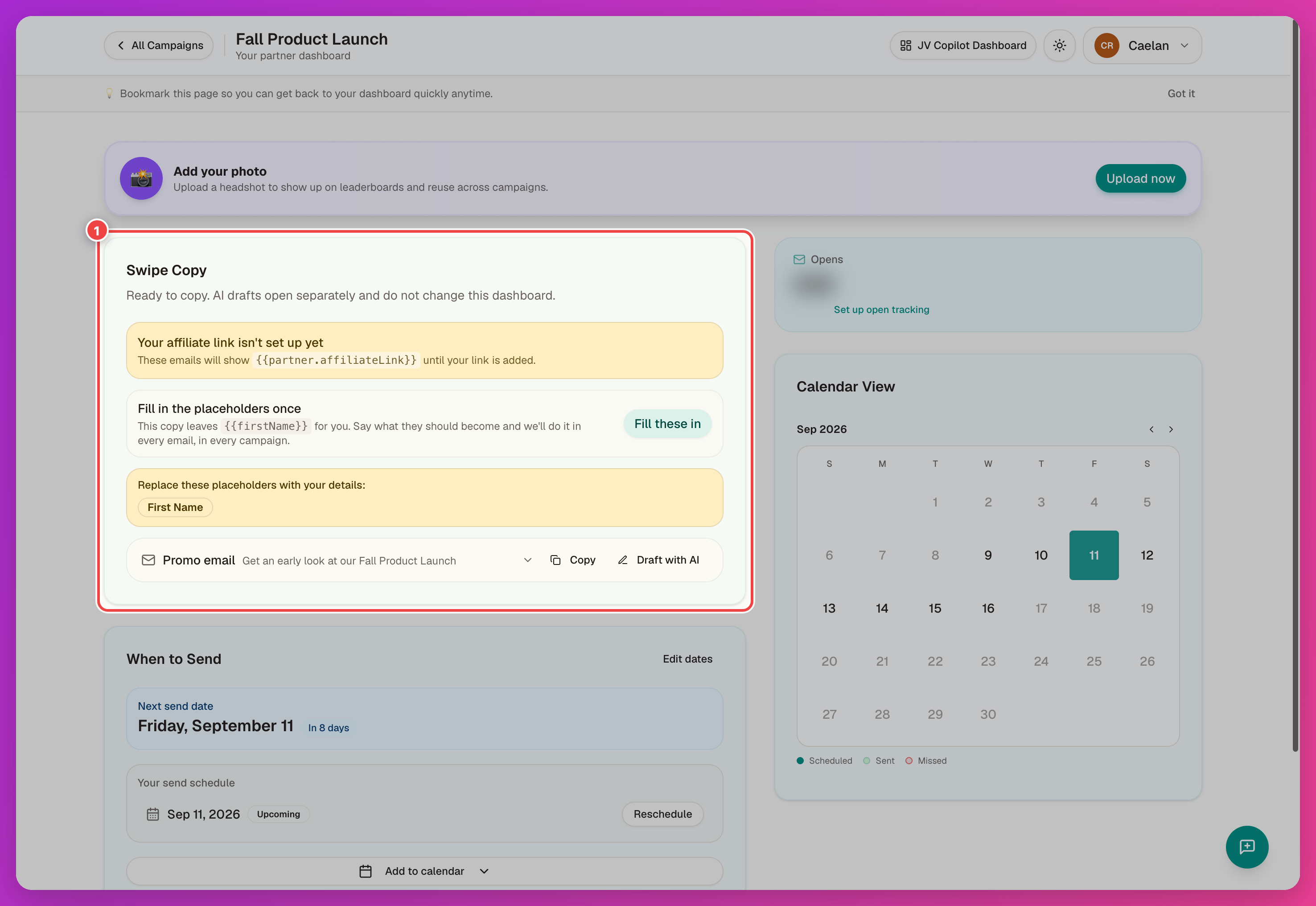 Swipe Copy card with a prepared email and the Fill in the placeholders once callout highlighted