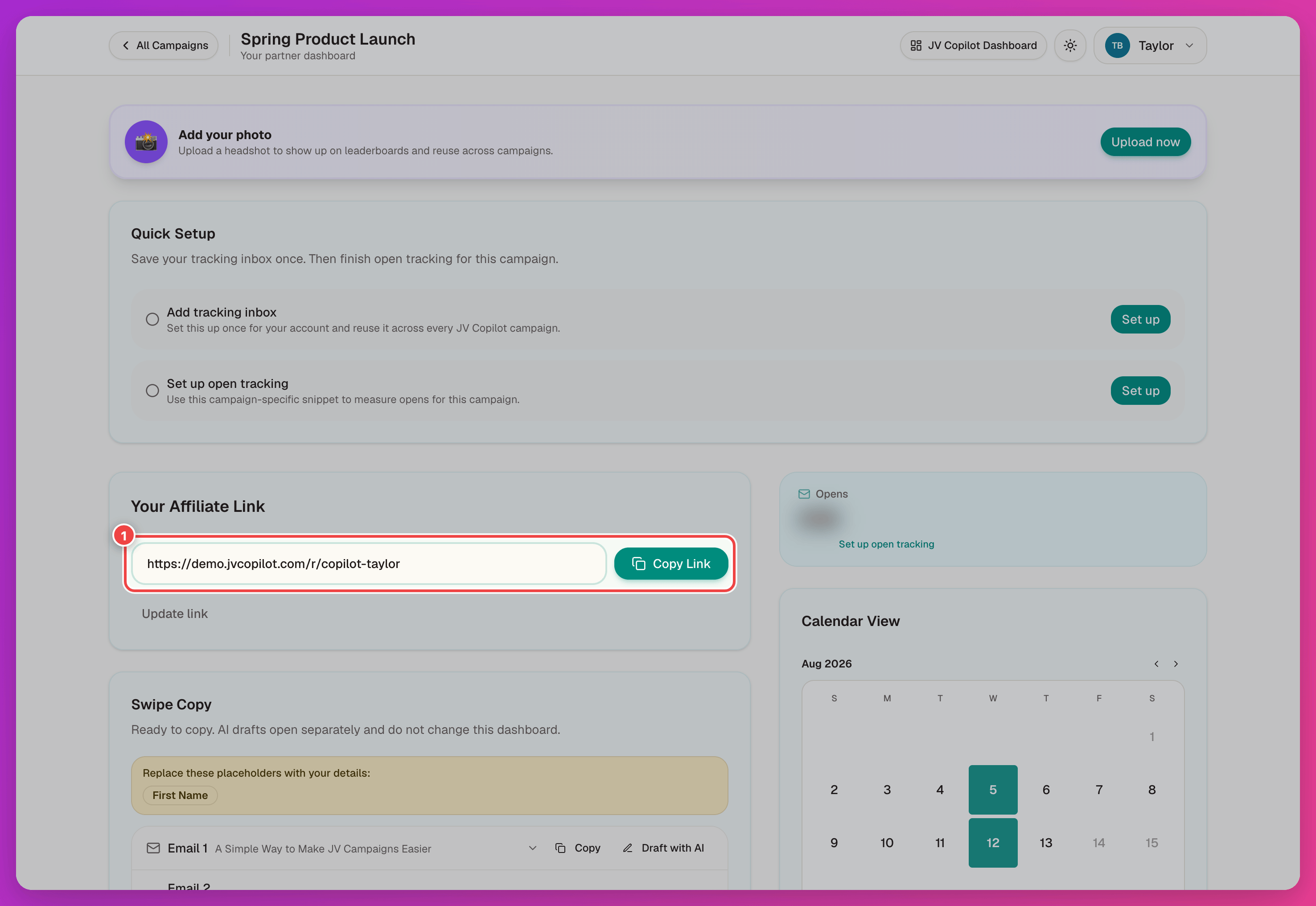 Dashboard affiliate link row highlighted