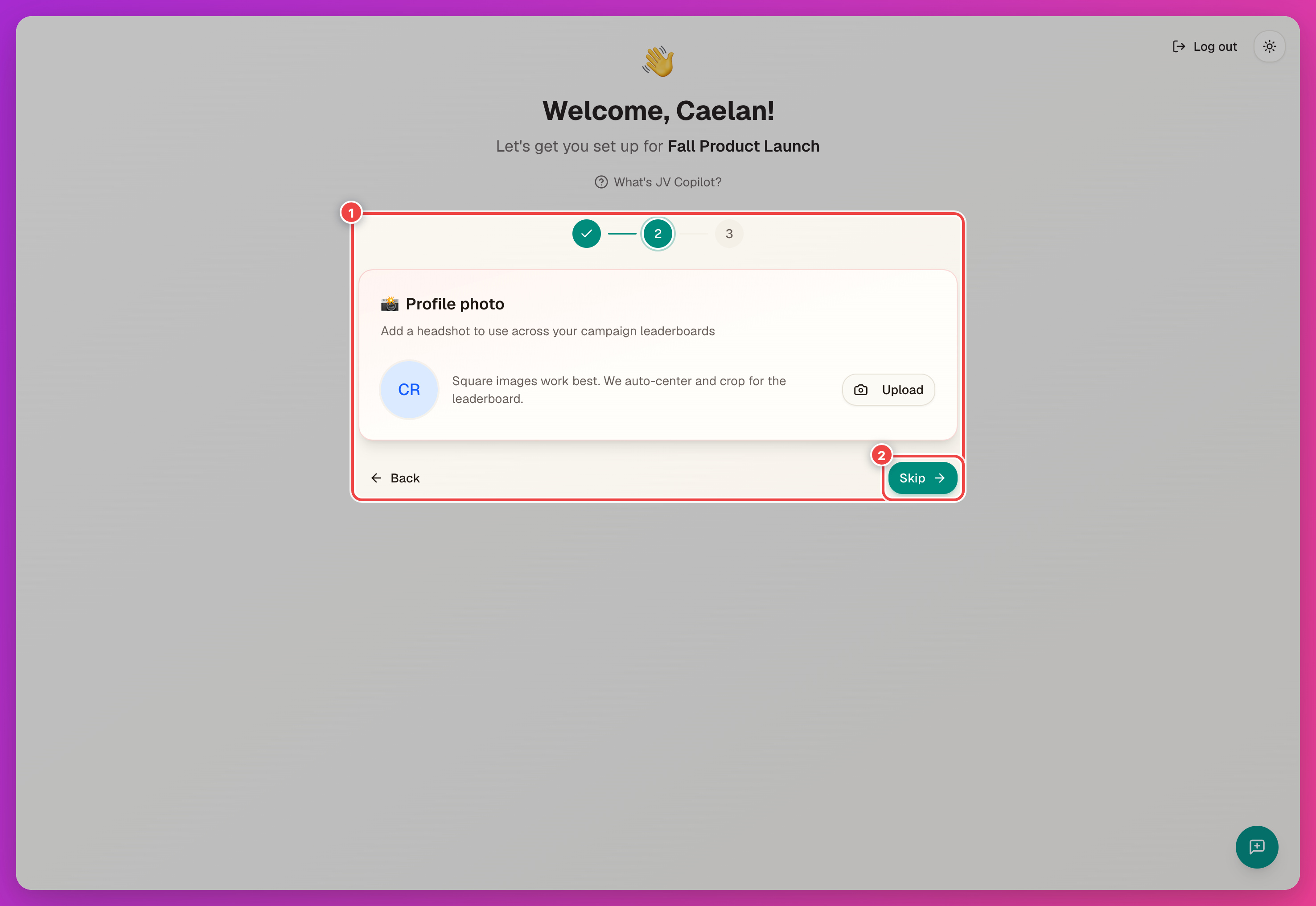 Confirmation form photo step with the upload area and Skip button highlighted