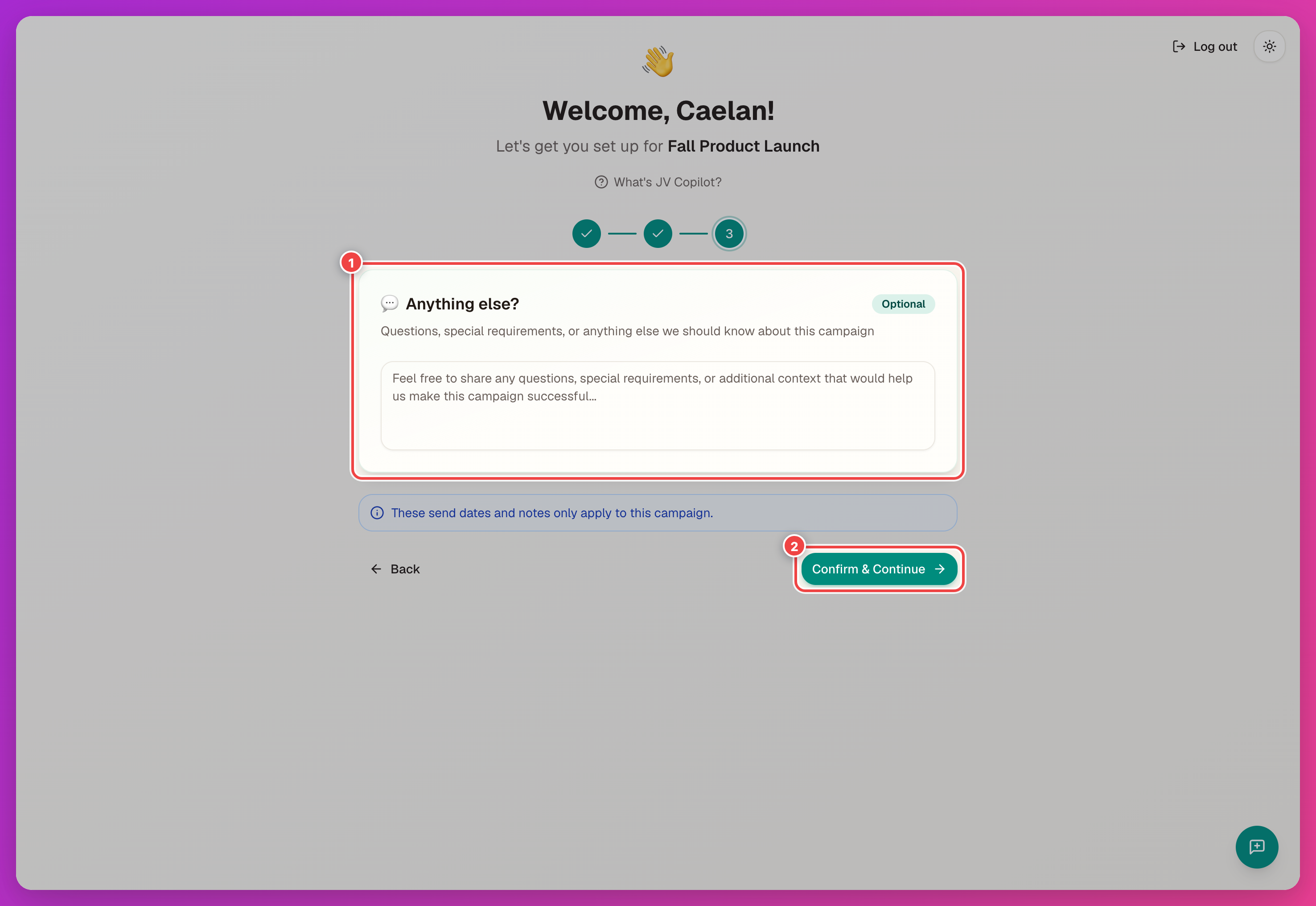 Confirmation form note step with the note field and Confirm & Continue button highlighted