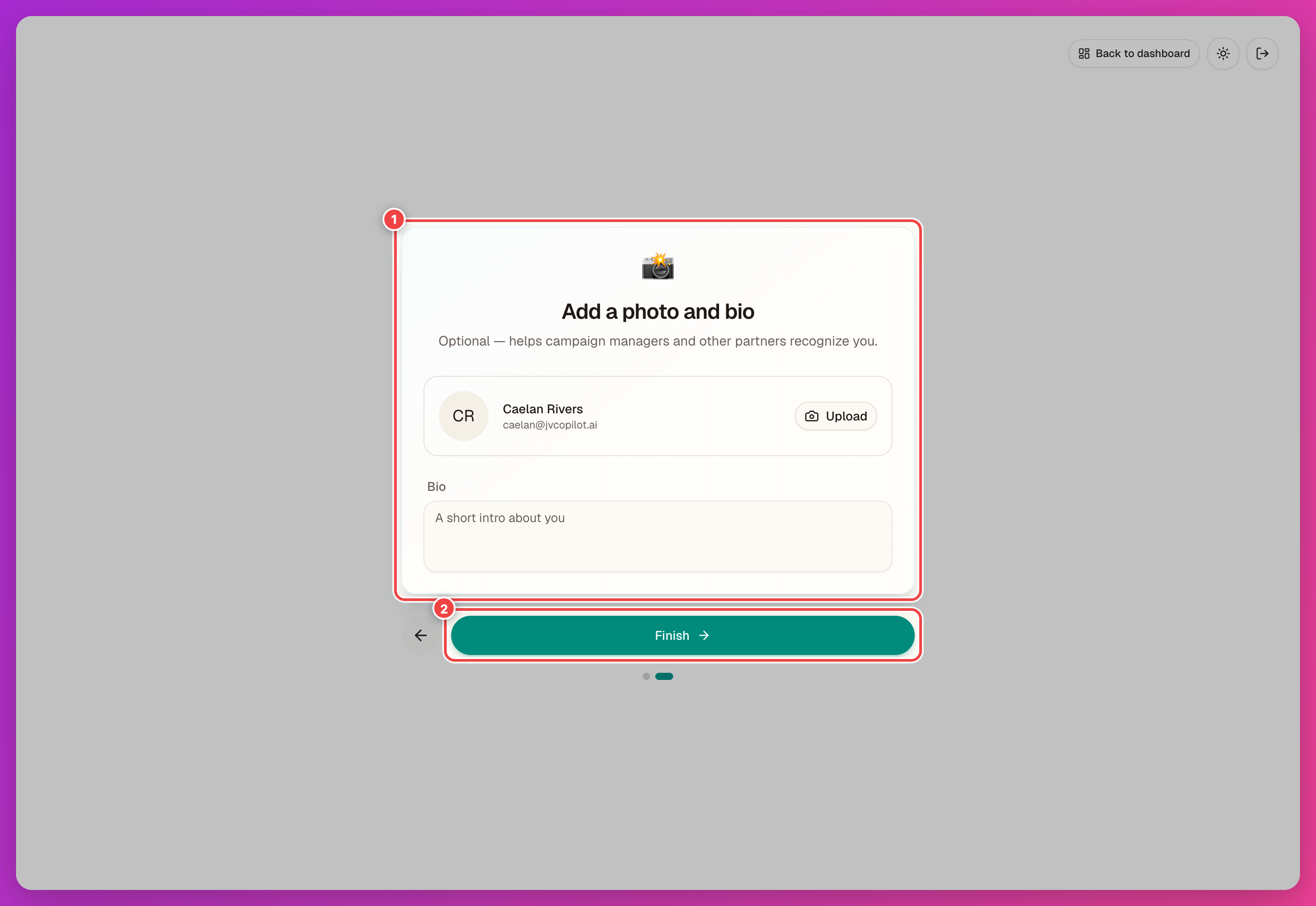 Add a photo and bio step with the Finish button highlighted