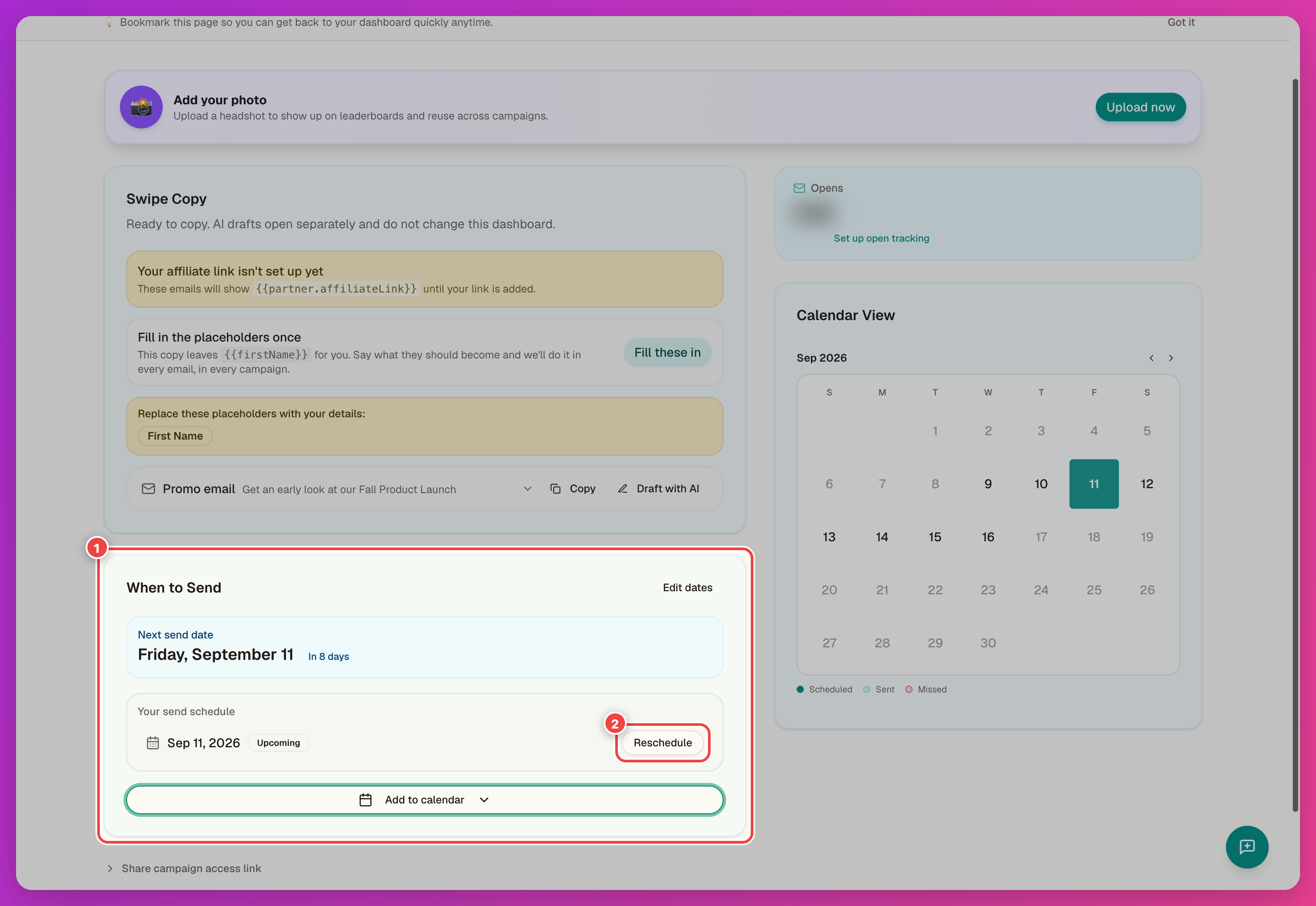 When to Send card with the next send date, schedule, and Reschedule button highlighted