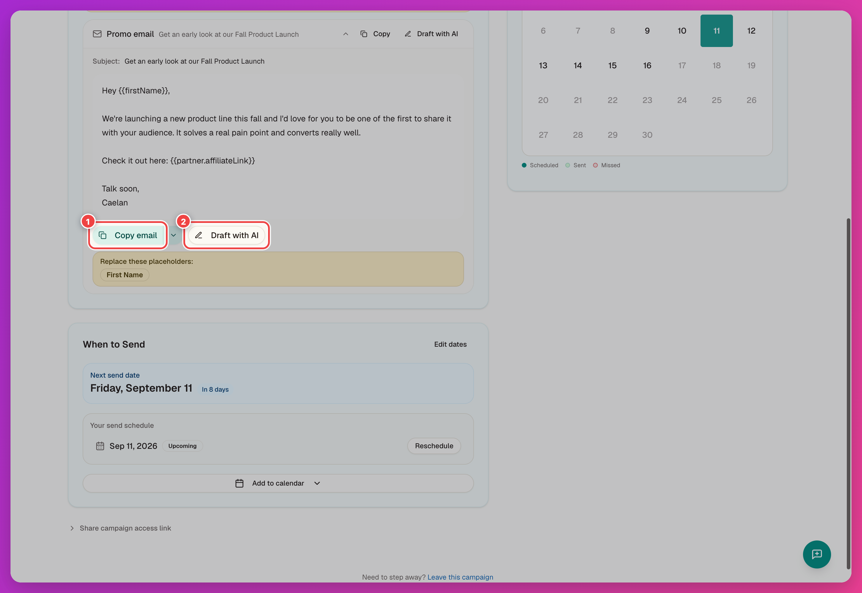 Expanded swipe email with the Copy email and Draft with AI buttons highlighted