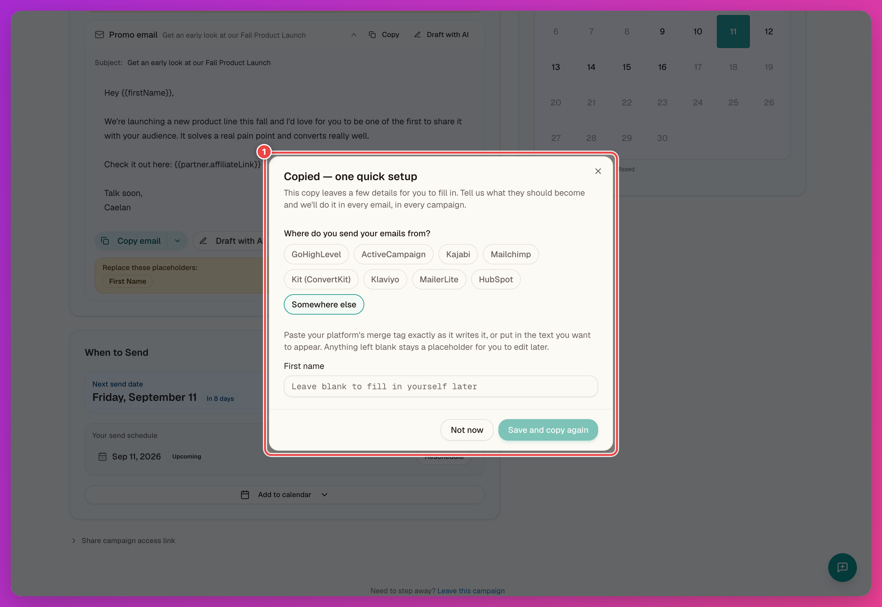 "Copied — one quick setup" dialog with the platform buttons and merge tag fields highlighted