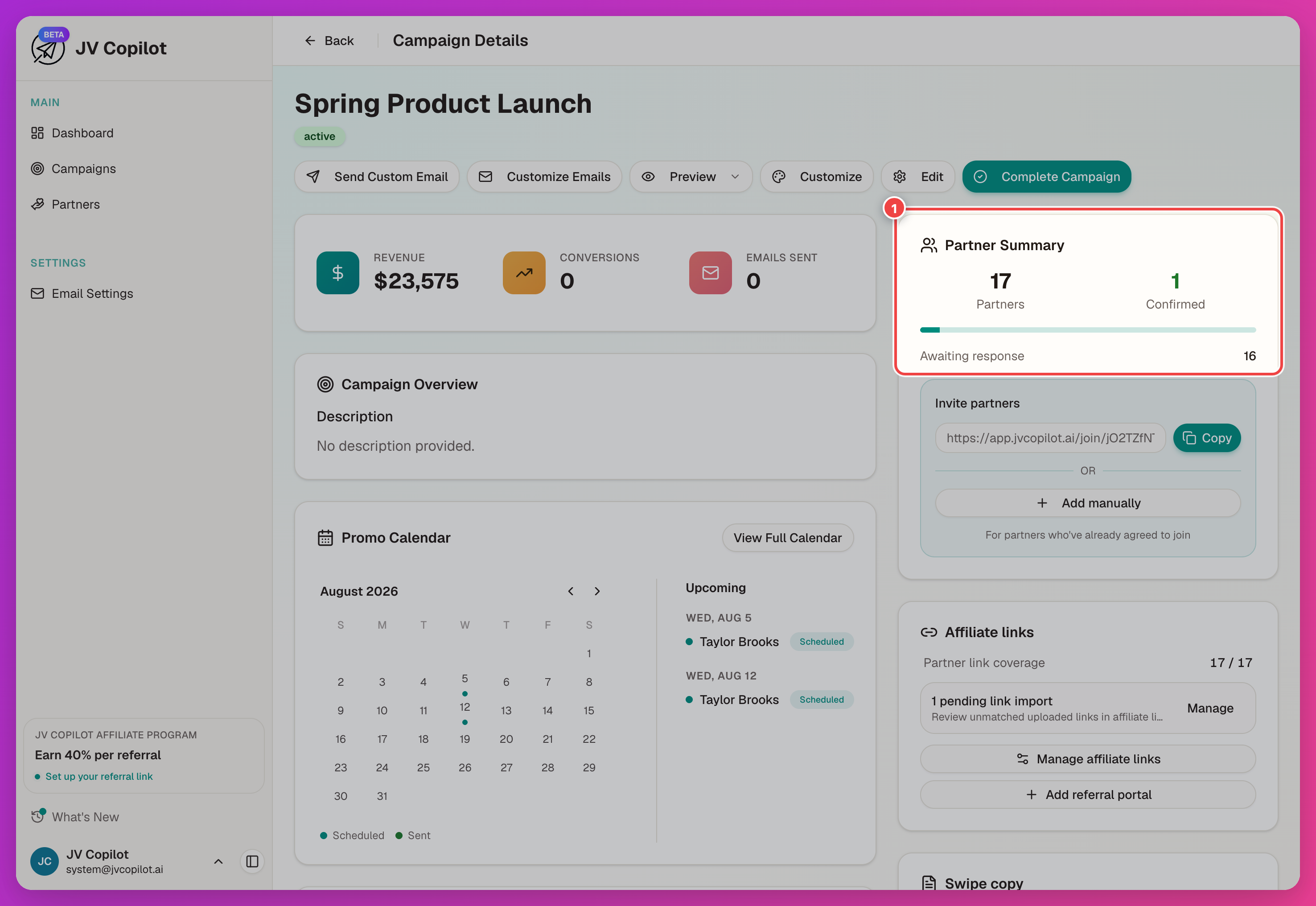 Campaign page after launch with the Partner Summary panel highlighted