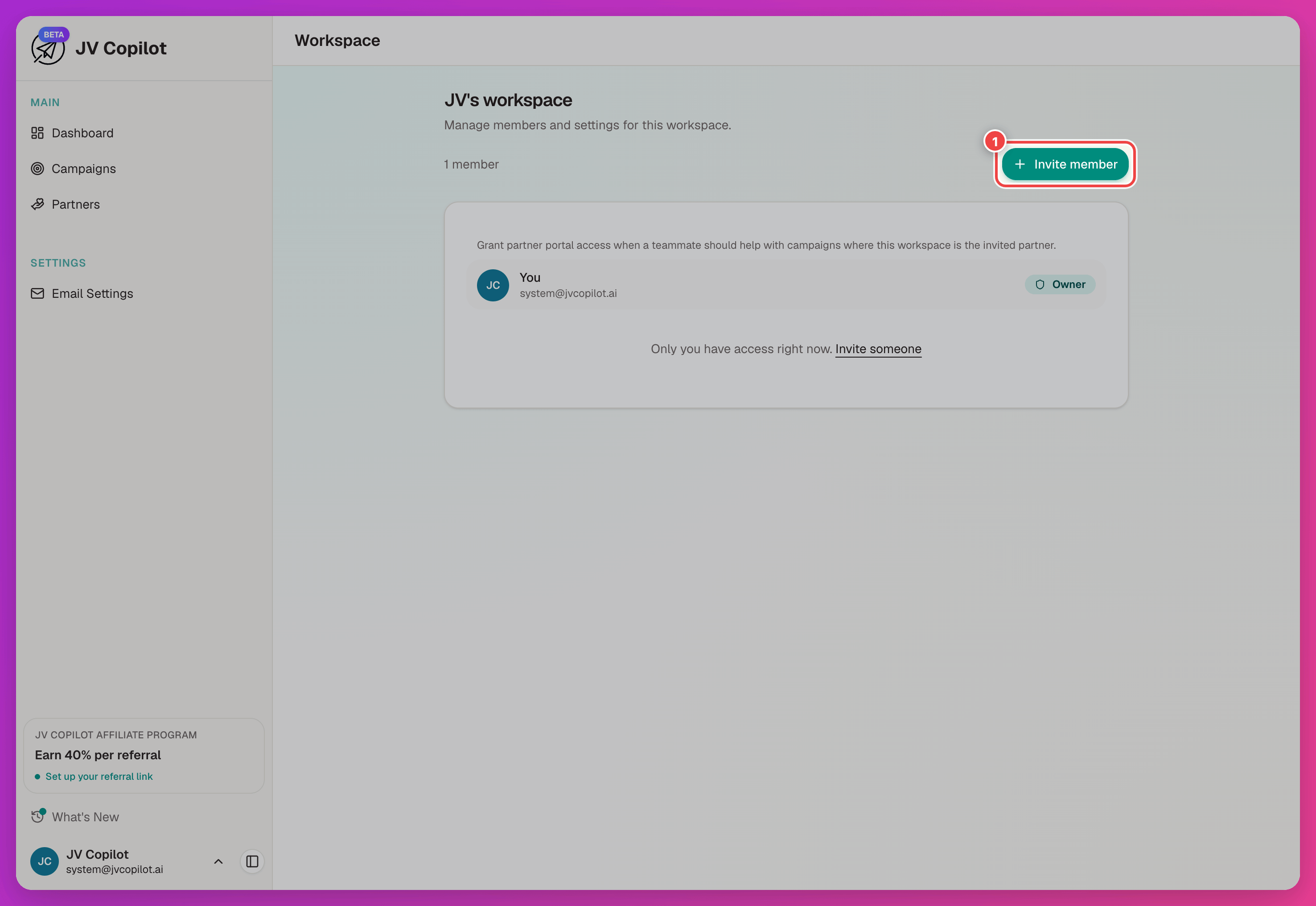 Workspace page with the Invite member button highlighted