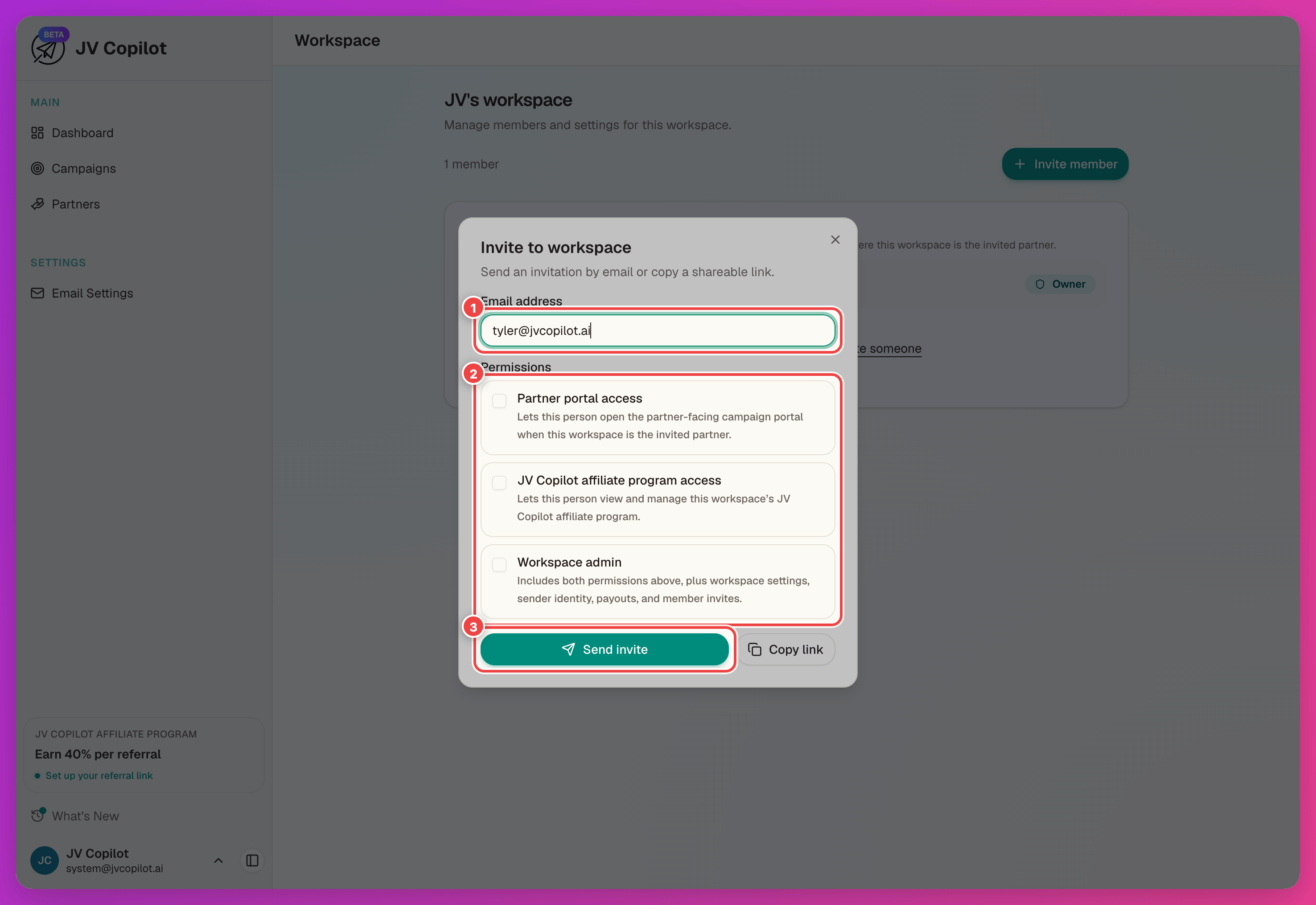 Invite to workspace dialog with the email field, permission options, and Send invite button highlighted