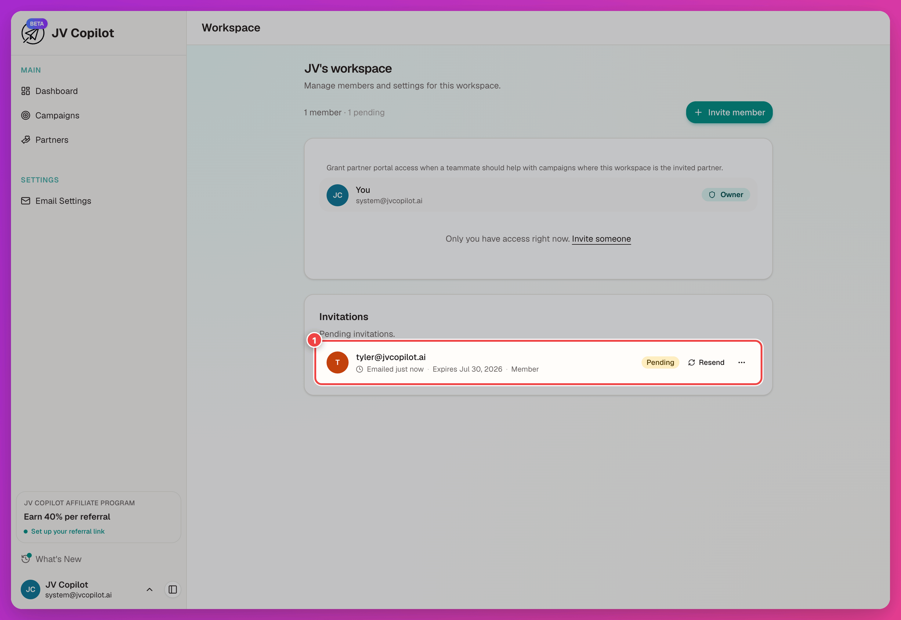 Workspace page showing the pending invitation row