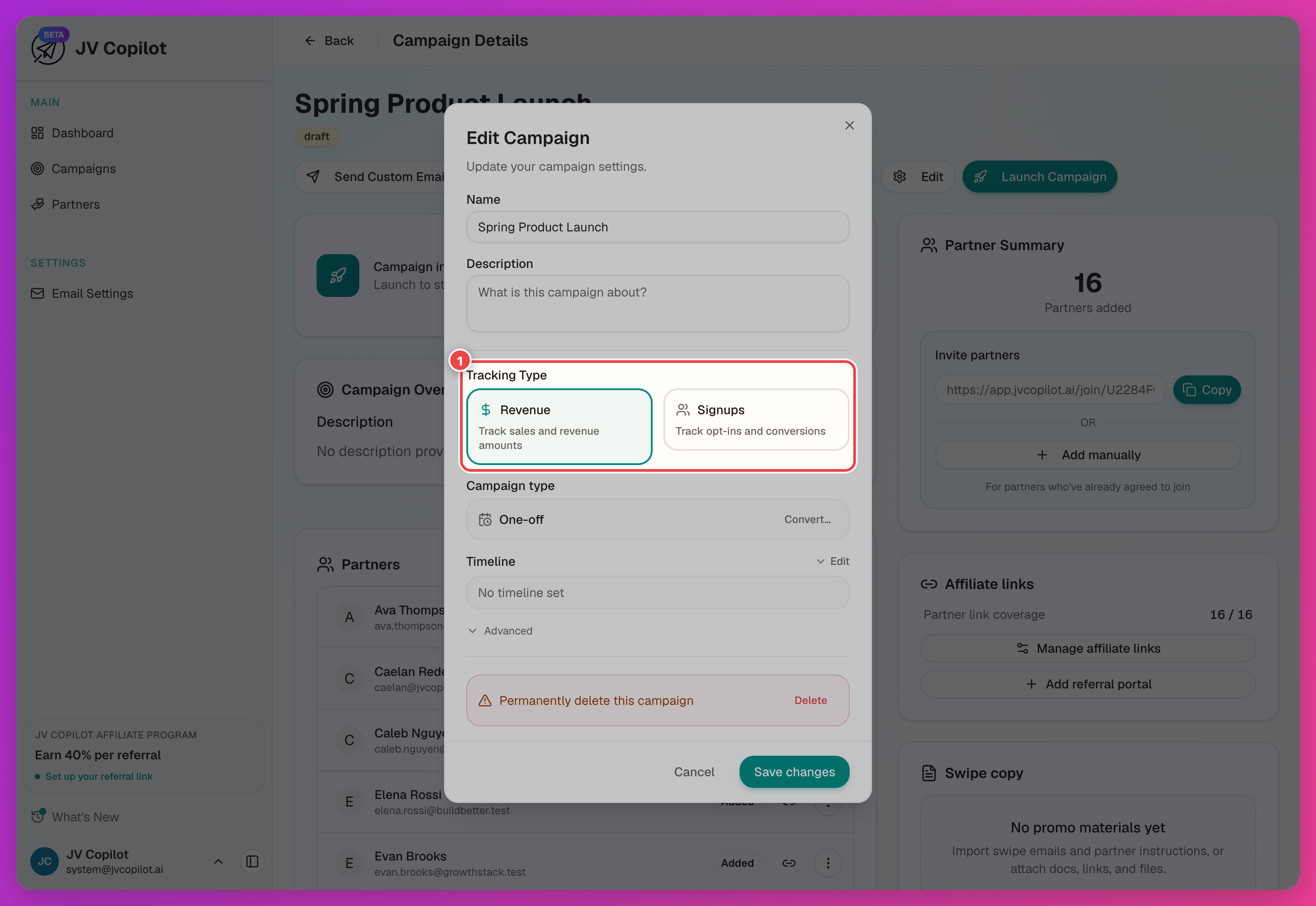 Edit Campaign modal with the Tracking Type selector highlighted