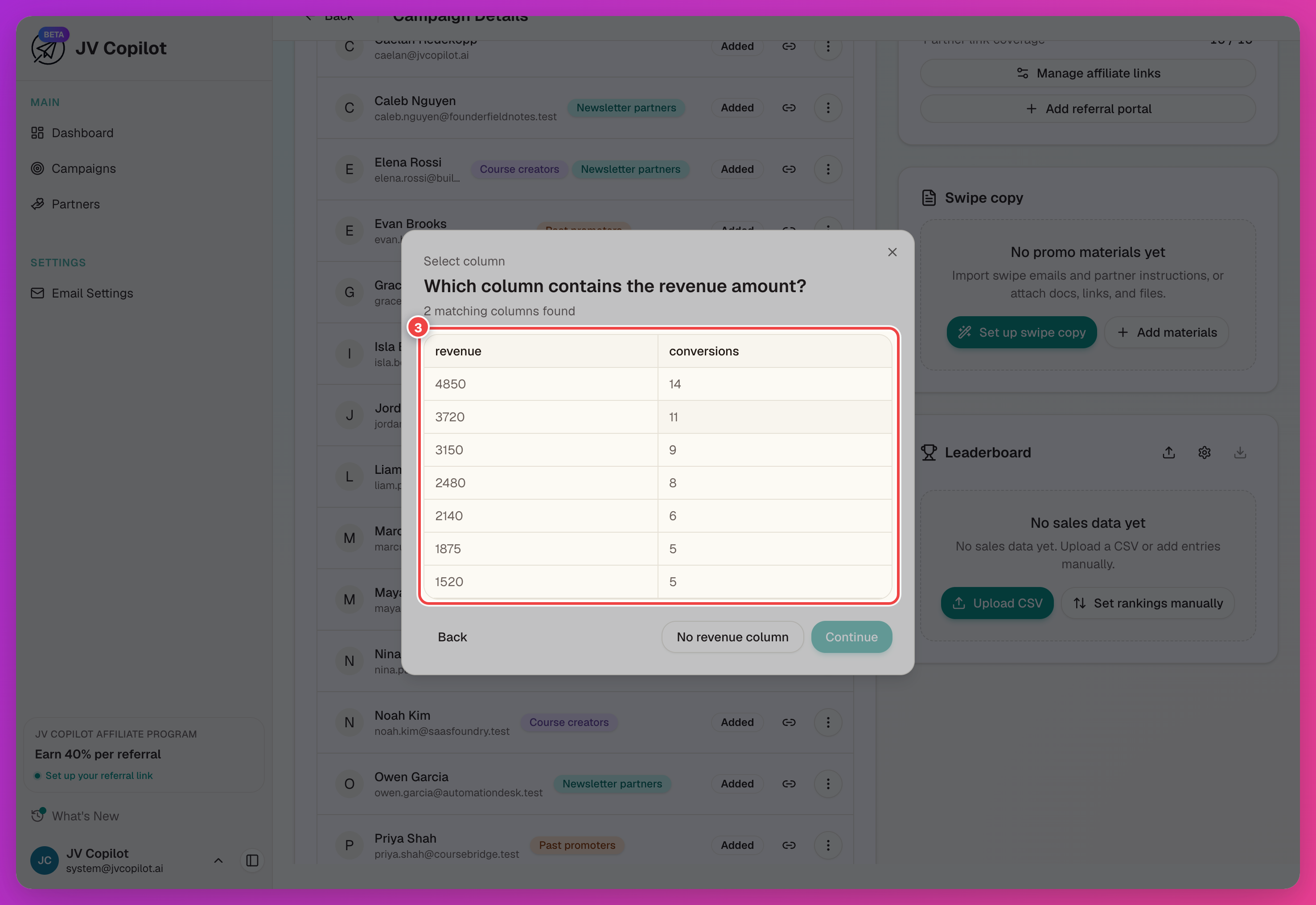 Sales import column-picker step asking which column contains the revenue amount