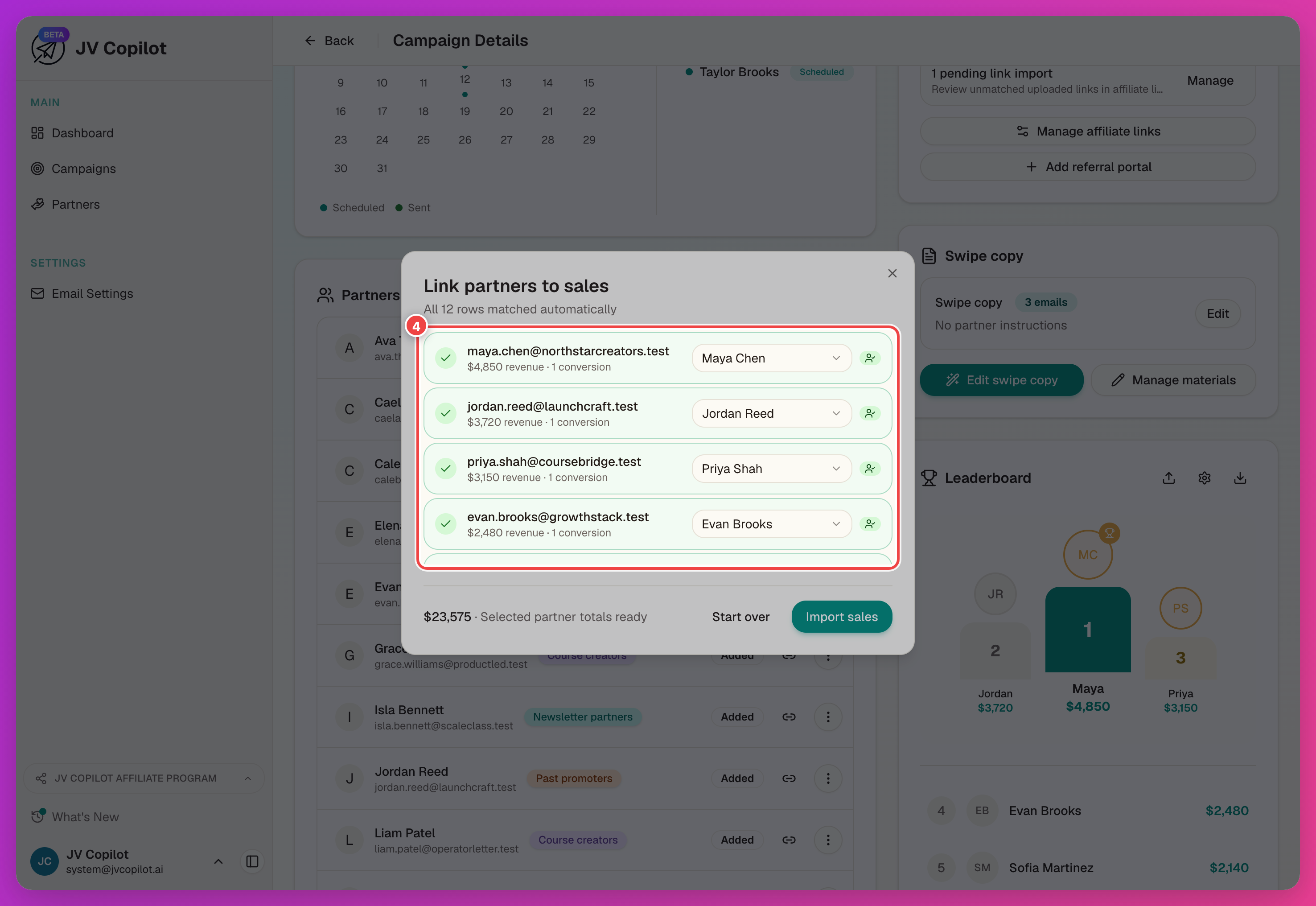 Link partners to sales review step showing matched rows and a per-row partner picker