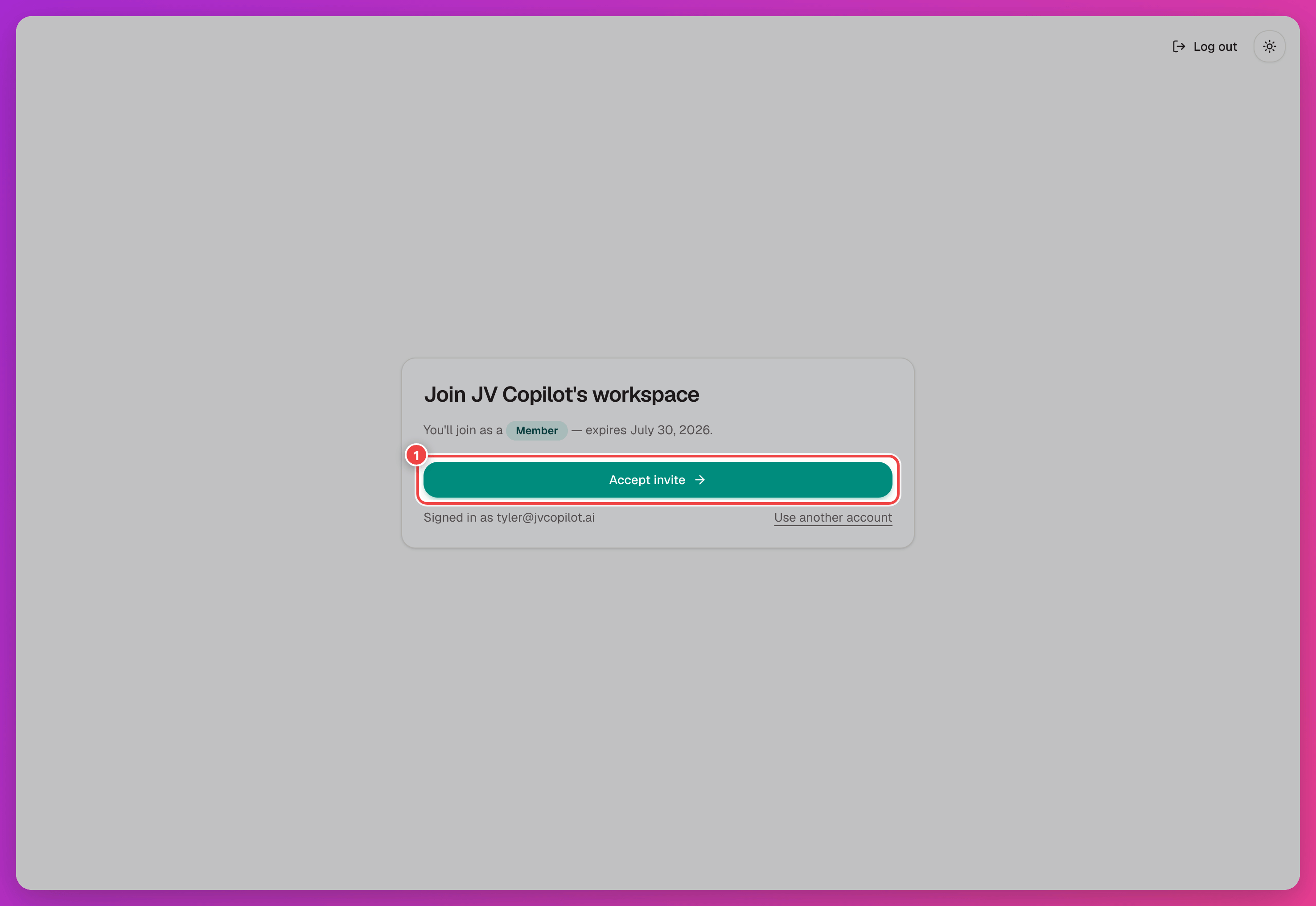 Workspace invite acceptance screen with the Accept invite button highlighted