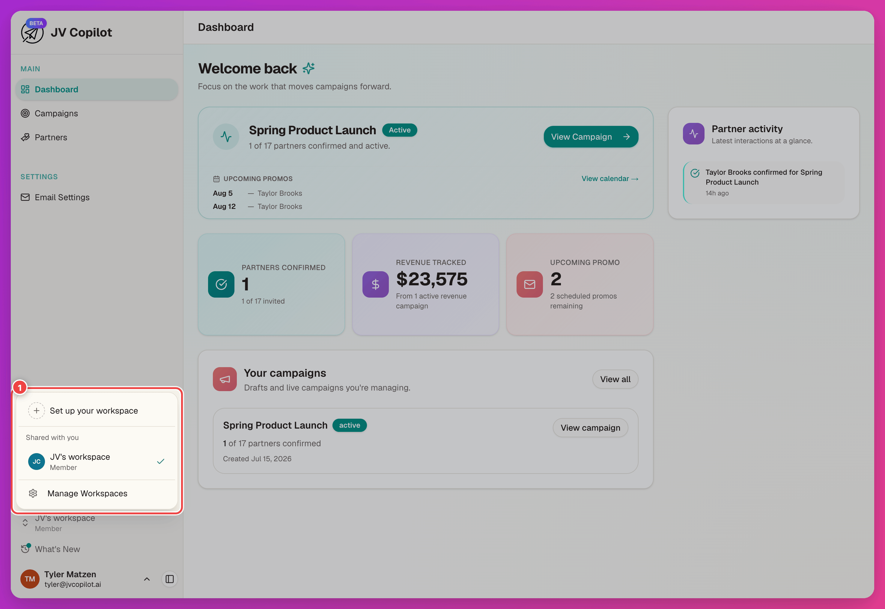 Workspace switcher open, showing a shared workspace with the Member role and the Manage Workspaces option